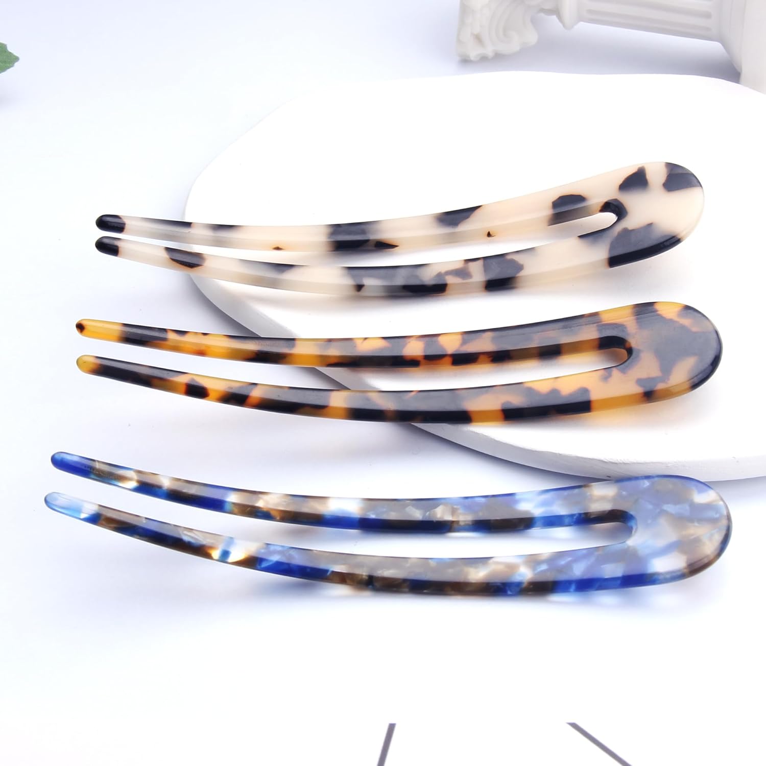 3 Pack French Hair Forks Tortoise Shell U Shape Updo Hair Pins Clips for Thin Thick Hair, 4.3 inch Classic Cellulose Acetate 2 Prong Bun Hair Sticks Women Vintage Hairstyle Accessories