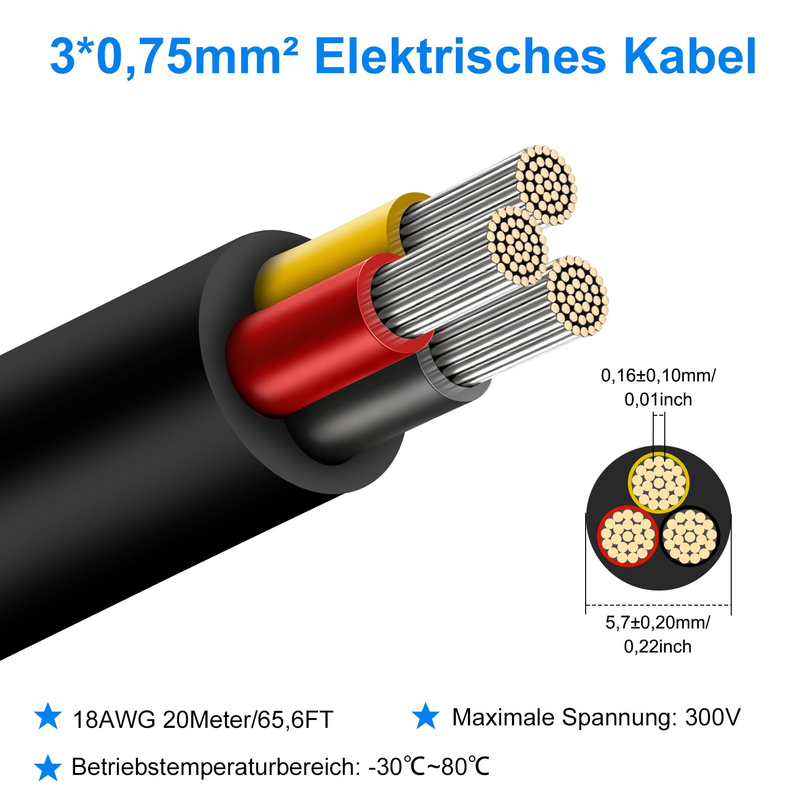 18 AWG Elektrokabel 3×0,75 mm², 3-adriges Verlängerungskabel, flexibles 5V/12V/24V weich Stromkabel, verzinntes Kupferkabel, hohe Temperaturbeständigkeit, 20 Meter / 65,6 ft