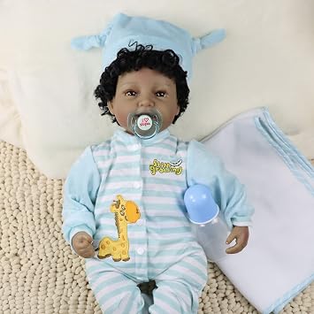 22 African American Baby Doll, Realistic Black Reborn Baby Dolls Silicone Vinyl Babydoll, Lifelike Soft Cloth Body Boy Doll, Birthday Set for Aged 3+