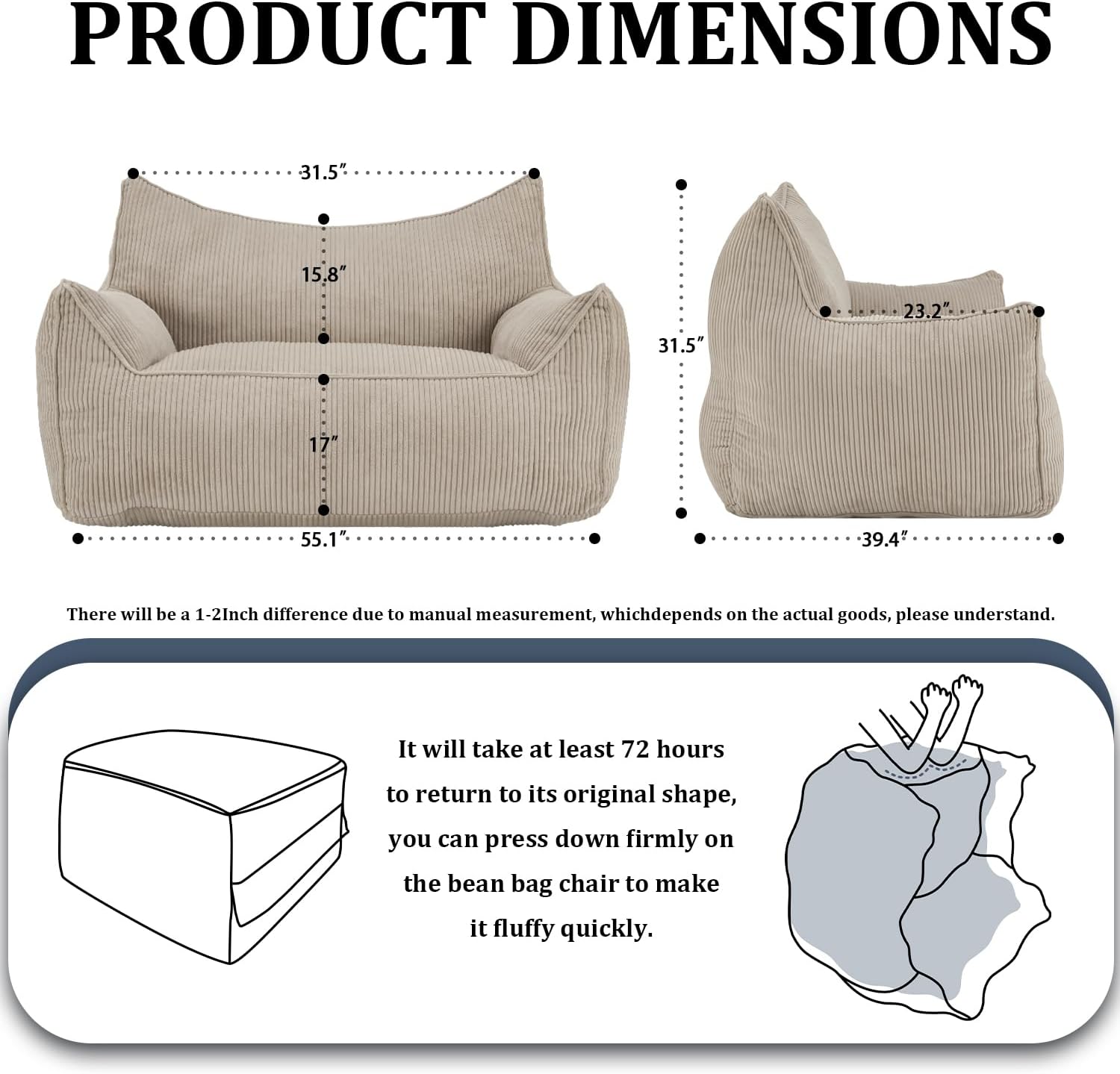 MOJAY Giant Bean Bag Chair, Oversized Plush Fluffy Lounge Chair with Filling, Comfy Stuffed Sofa with Backrest for Adults and Teens, Cozy for Gaming, Reading and Relaxing in Bedroom or Living Room - Image 3