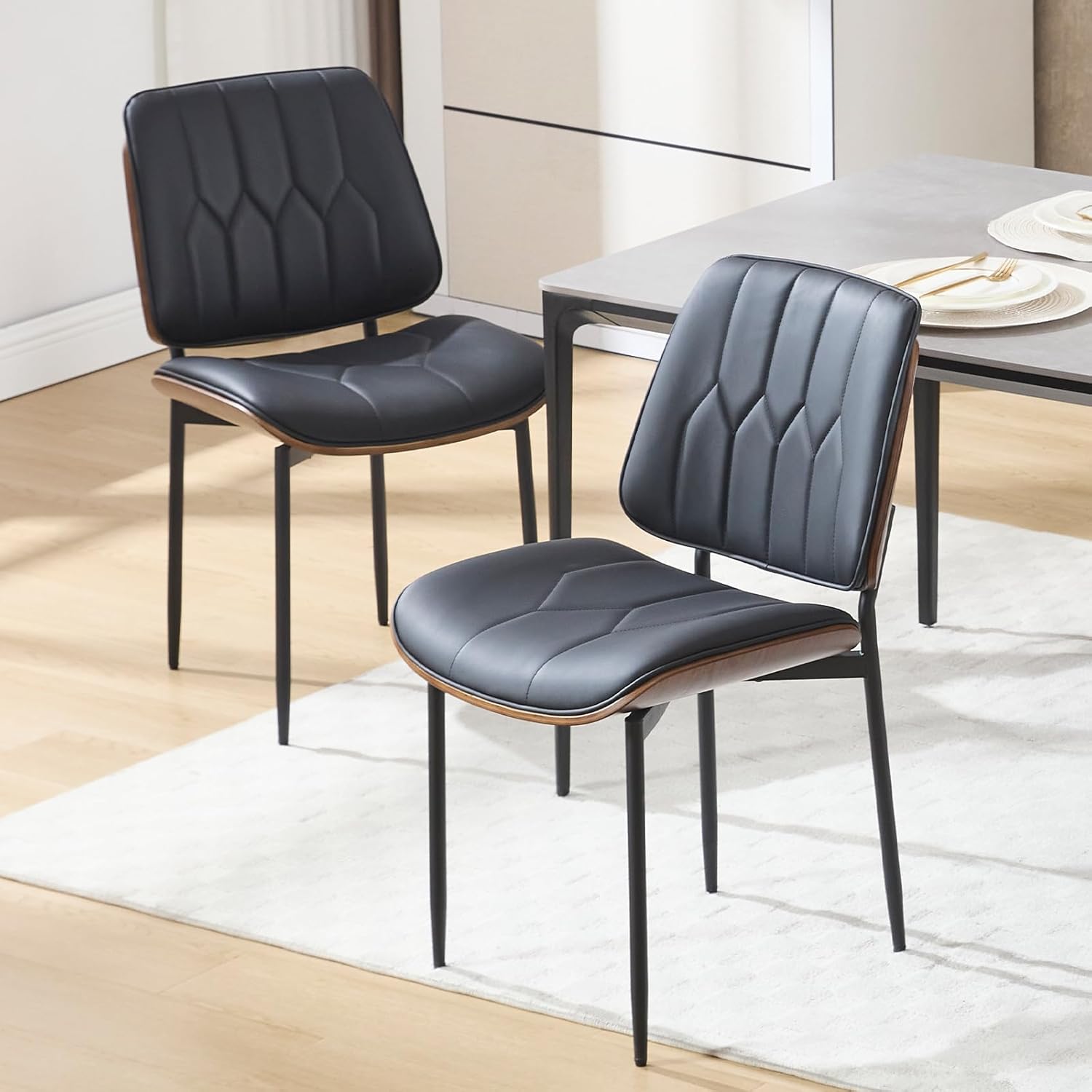 BV – Juego de 2 sillas de comedor modernas de mediados de siglo, silla decorativa tapizada de piel sintética con respaldo de madera curvada de