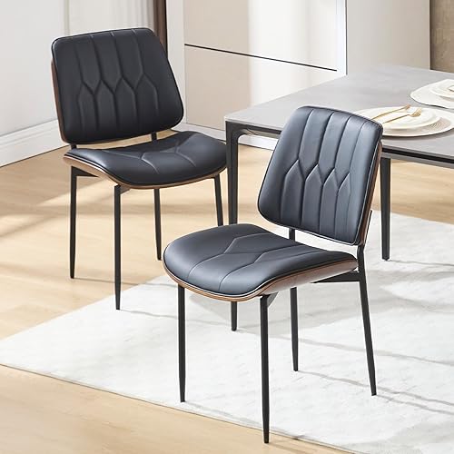 BV - Juego de 2 sillas de comedor modernas de mediados de siglo, silla decorativa tapizada de piel sintética con respaldo de madera curvada de
