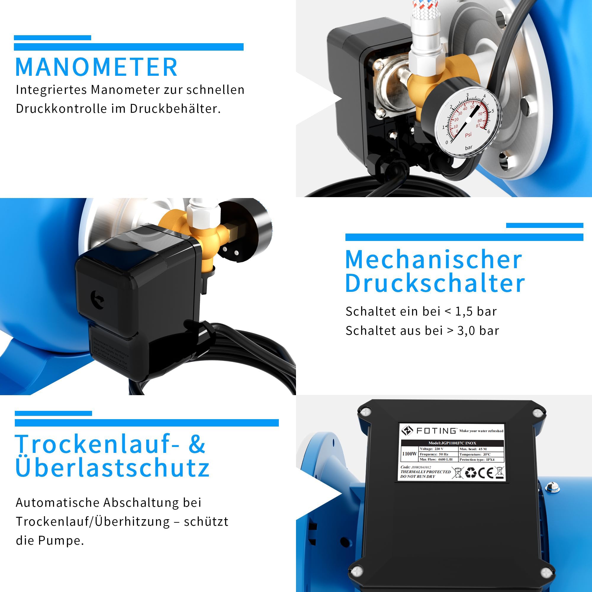 FOTING Hauswasserwerk INOX aus Edelstahl 1100 W, Fördermenge 4600 l/h, Förderhöhe bis 45 m, max. 4,5 bar Druck mit Manometer, 24 L Kessel, robuster Betrieb für Haus & Garten, sicher mit Überlastschutz
