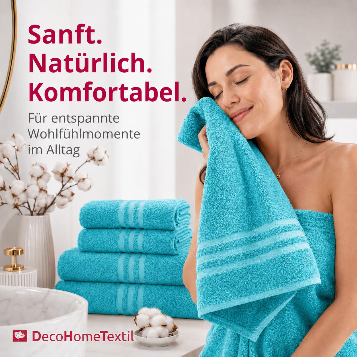 DecoHomeTextil Set spugna 4 asciugamani 50x100, 2 teli 70x140 in Turchese | 100% cotone, spugna di alta qualità, morbida e assorbente