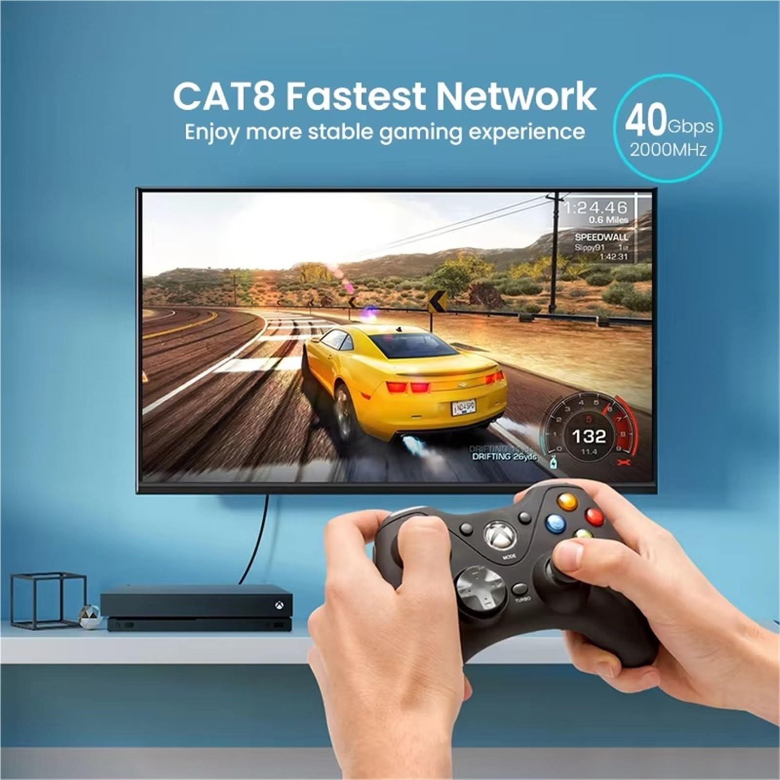 Kabel Ethernet CAT8 40 Gbps, nylonowy pleciony kabel sieciowy do komputera, modemu, laptopa, routera PS 5, płaski kabel Ethernet Cat 8 RJ45(CAT8D-40G, 10M)