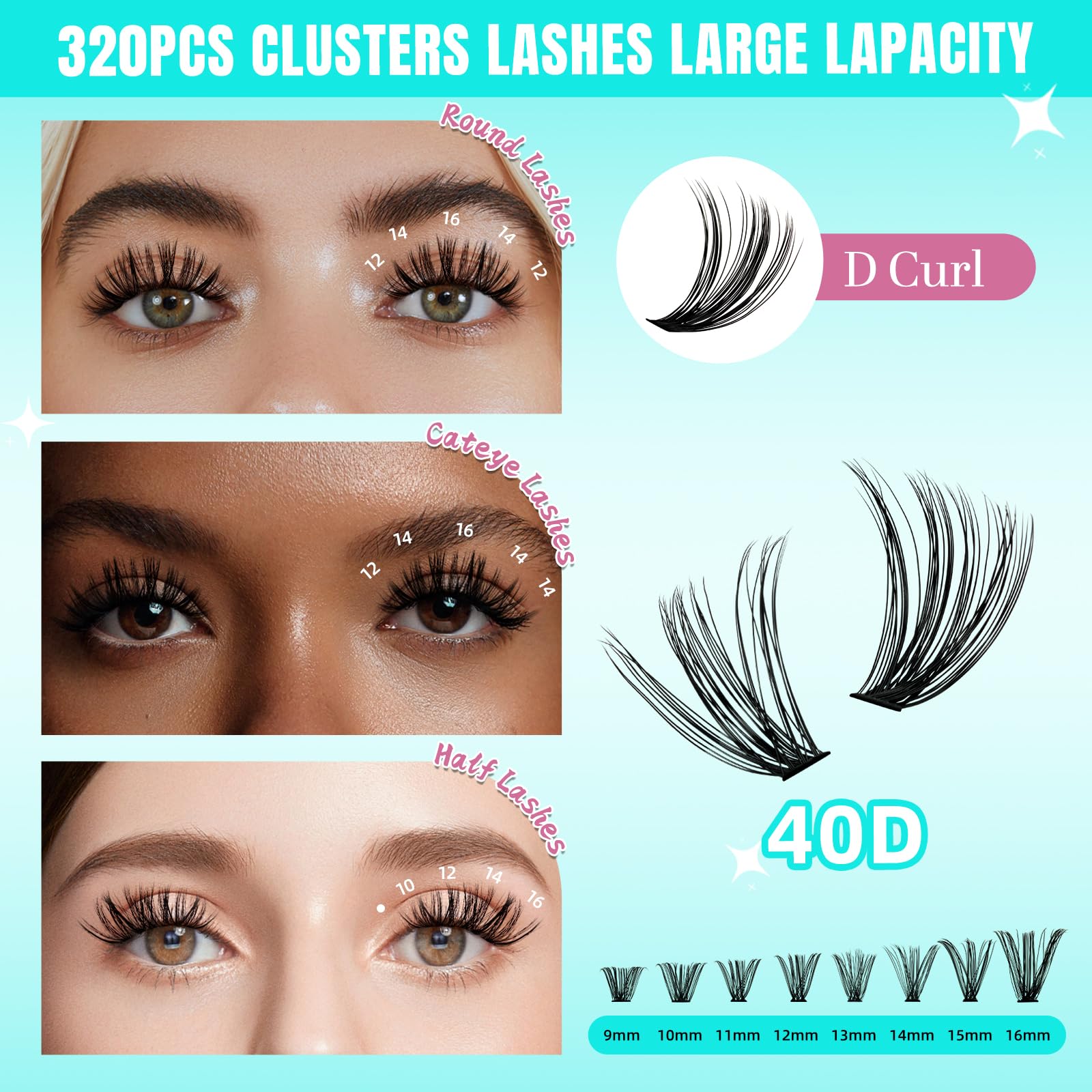 AMZGIRL LASH Ciglia individuali 320Pcs 40D Extension ciglia morbide, ciglia individuali DIY Eyelash Extension Ciglia a grappolo per l'applicazione a casa