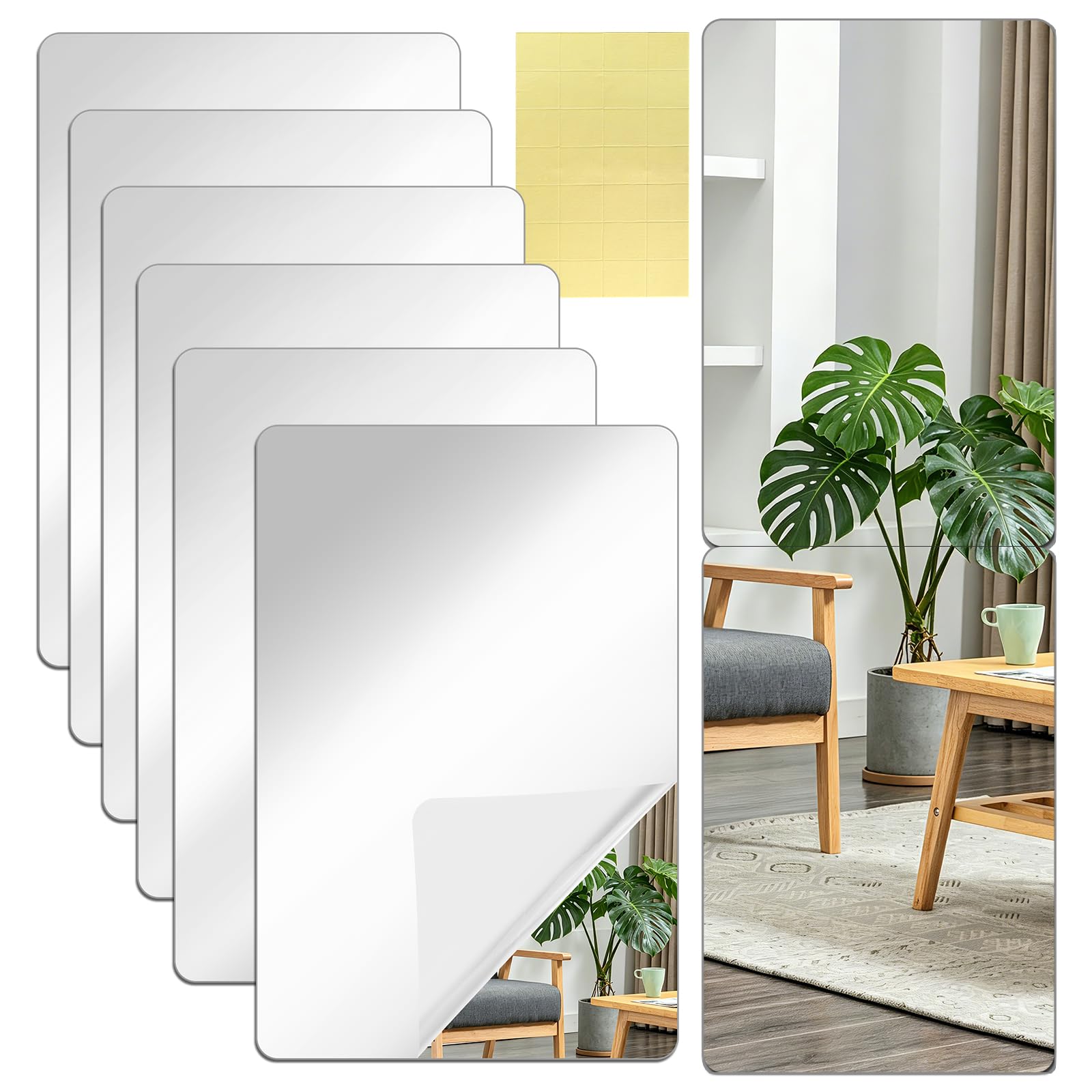 Haocjanc 6 PCS Stick on Mirror 30 x 20 cm, Self Adhesive Mirror Tiles for Walls, Acrylic Mirror Stickers for Wardrobe Doors Bathroom Bedroom Living Room, Frameless Flexible Wall Mirror for Home Decor