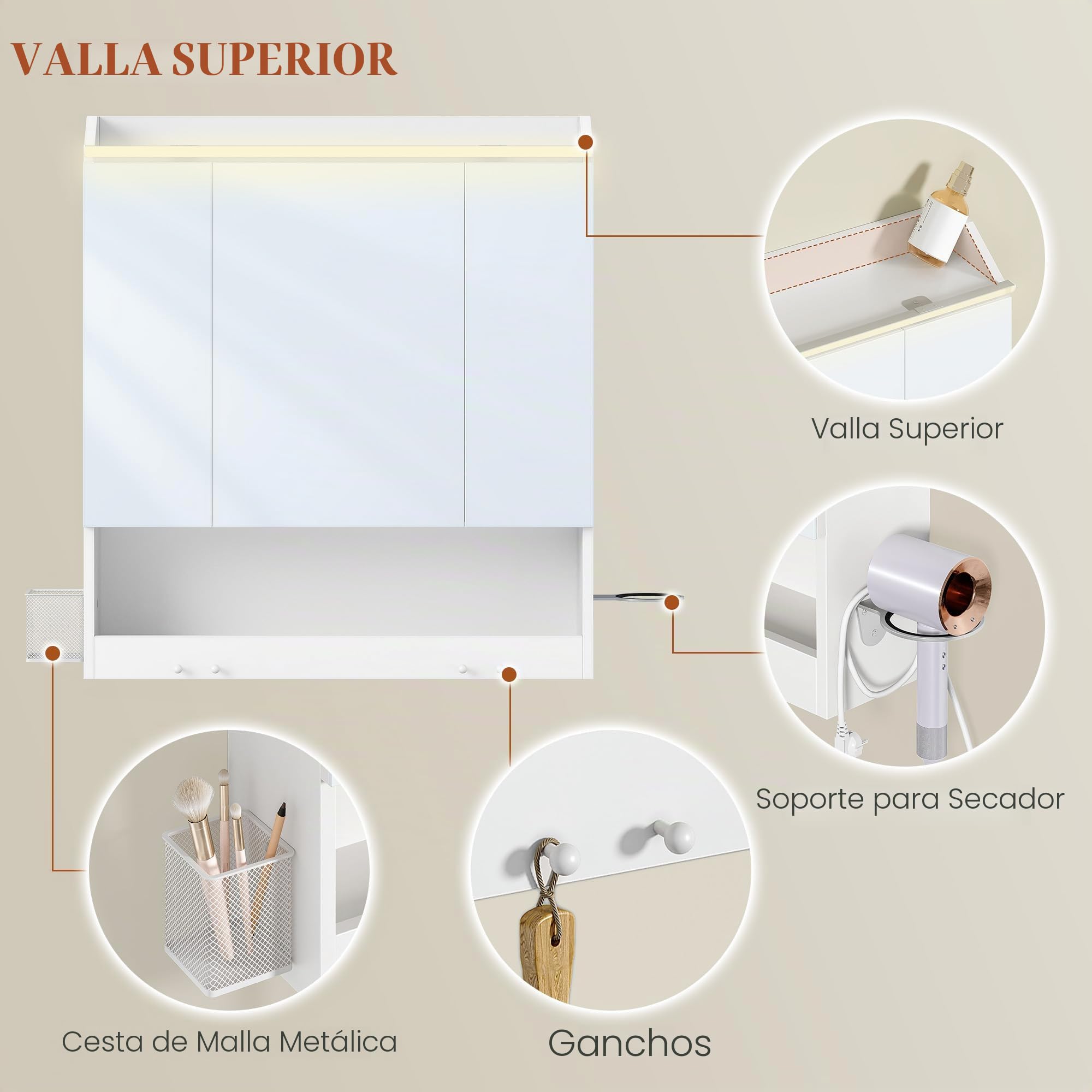 HEXCELEN Armario de Baño con Espejo y Luz LED, Armario de Pared, Compartimento Abierto, Estante Interior Ajustable, Mueble Espejo de Pared, Blanco, 15 x 70 x 78,8 cm 590303X