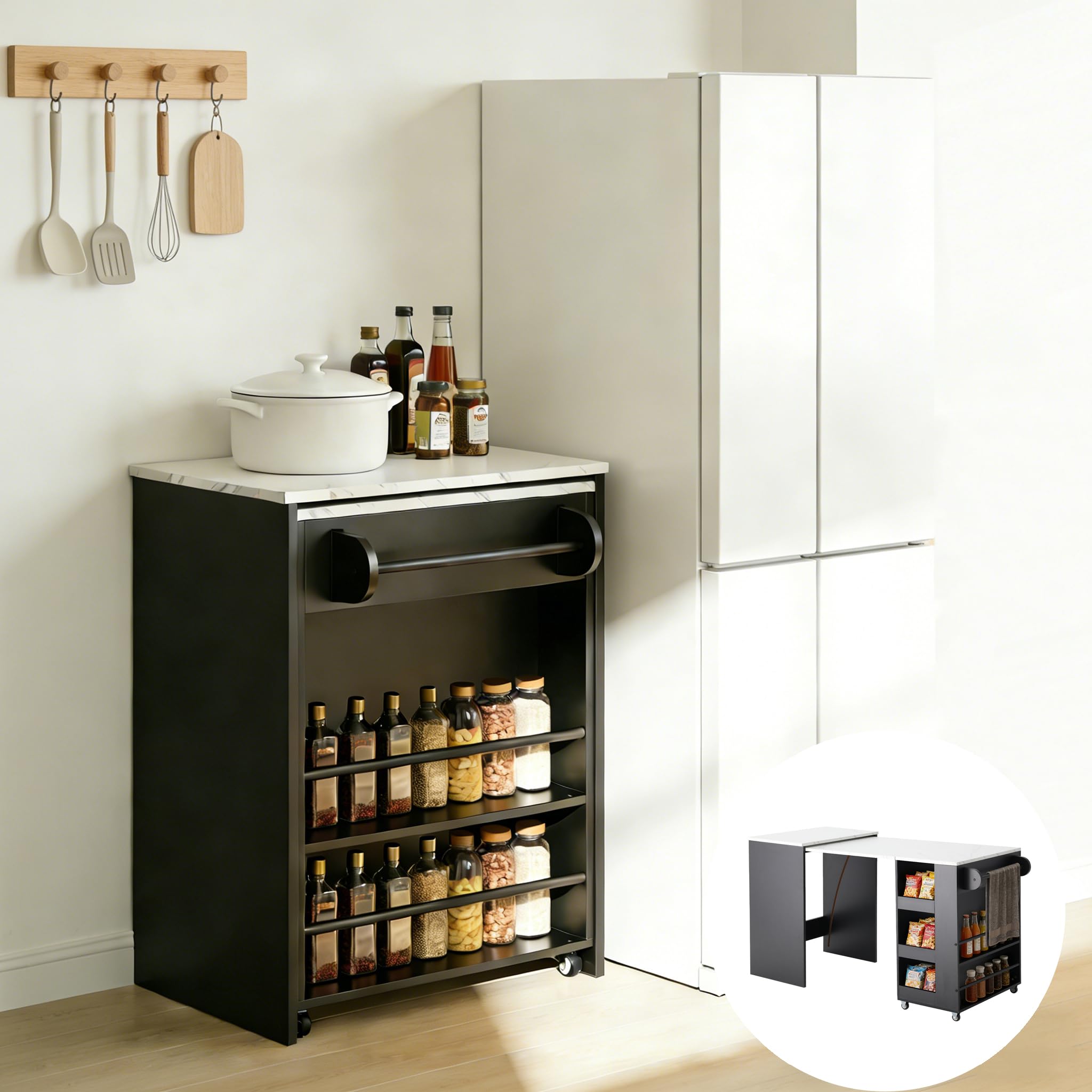 MELLCOM Extendable Kitchen Island,Mobile with Storage,2 Side Shelves,Suitable as Dining Table,for Dining Room/Open Kitchen/House Bar,21.5x15.7 to 52x21.5 Inch,Black