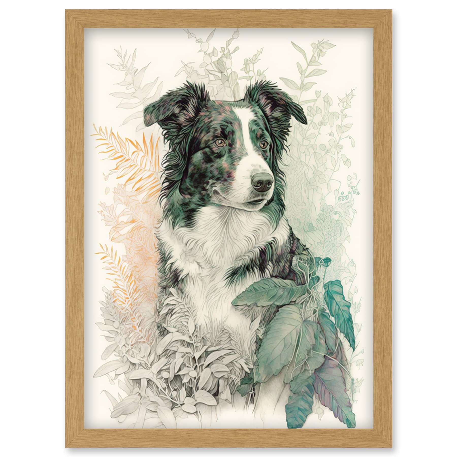 Artery8 Border Collie Dog in Field Modern Colour Pencil Portrait Illustration Artwork Framed Wall Art Print A4