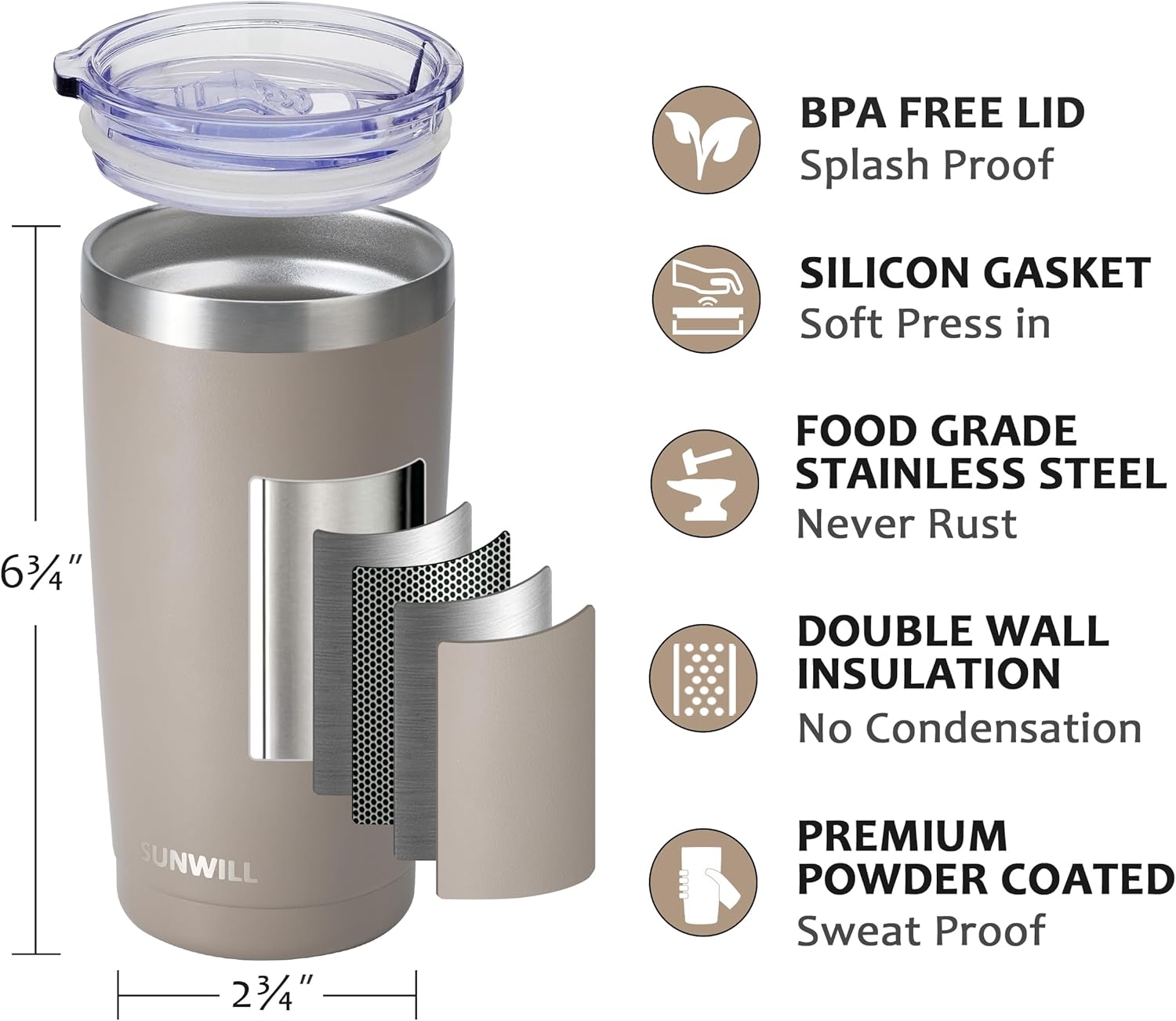 SUNWILL Travel Coffee Tumbler 20 oz, Insulated Mug with Lid, Stainless Steel Cup for Outdoor, Powder Coated Taupe - Image 2