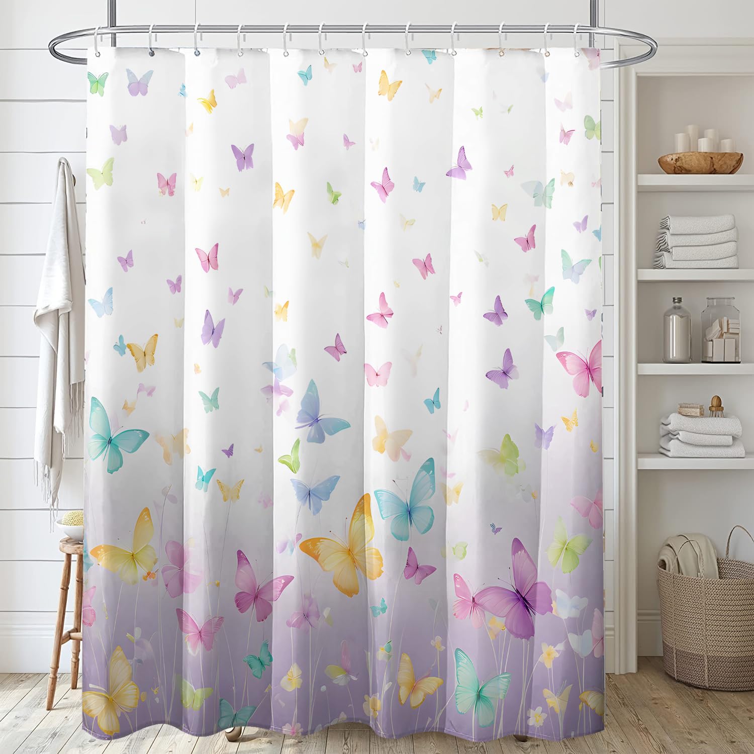 1 Cortina de Ducha con Estampado de Mariposas sobre Fondo Blanco, Tela de poliéster con Ganchos, Estilo Sencillo para Ventana (300x200cm/118x79in(WxH))