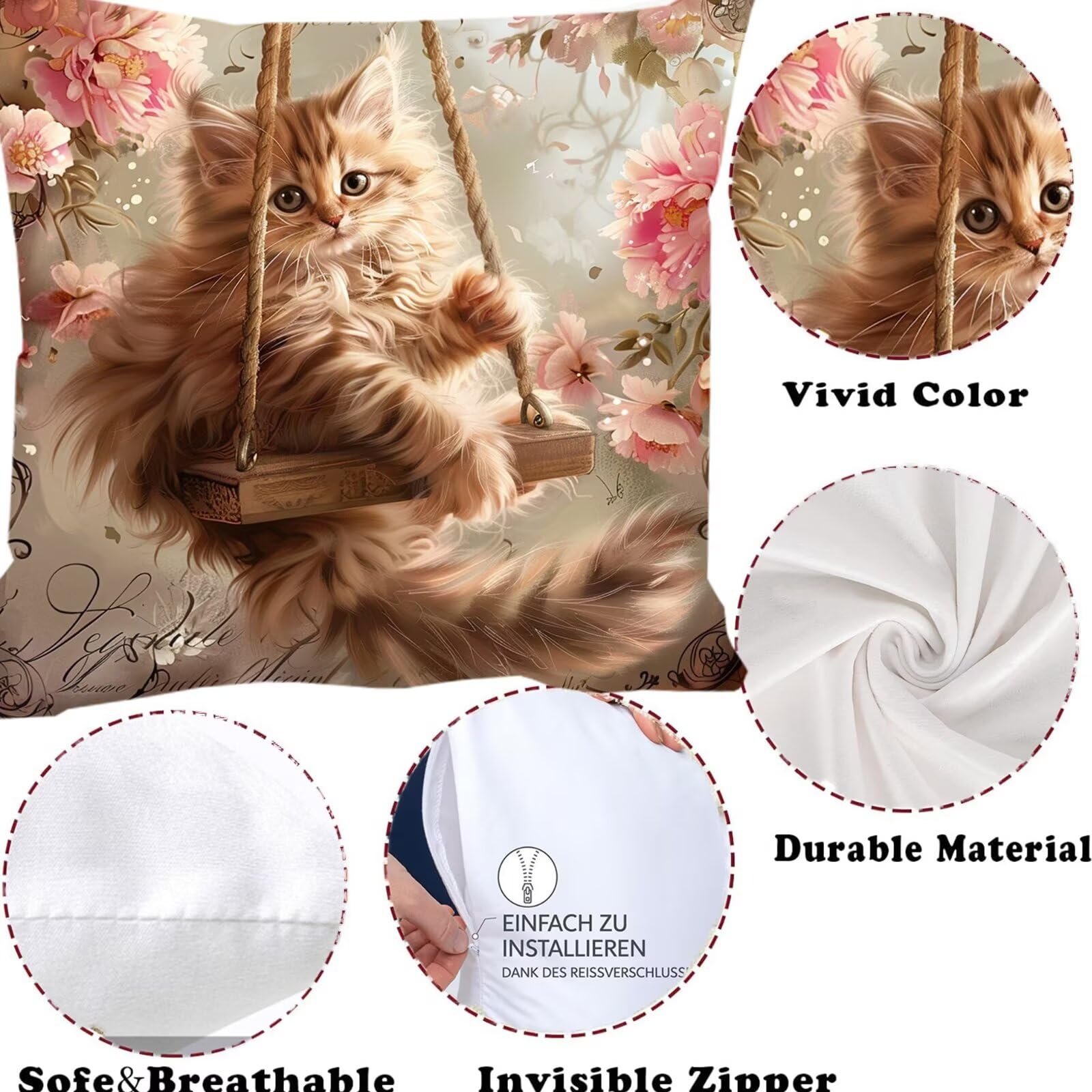 Lot de 4 Housses de Coussin Canapé 55x55cm Décoratives Double Face Taie d'oreiller en Velours Balançoire Coussin Carré Chat Taie d'oreiller pour Chambre, Bureau, Salon Canapé Voiture Ferme F0P-640