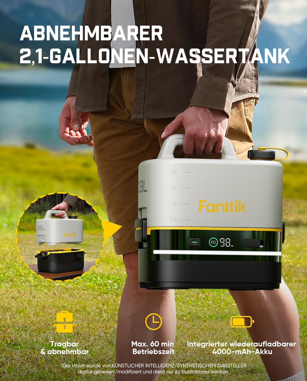 Fanttik NB10 Nano tragbarer Akku-Drucksprüher, 2,1-Gallonen-Tank, 72-98 PSI, HD-LED-Display, 4000mAh, mit Campingleuchte – tragbarer Hochdruckreiniger für Zuhause, Terrasse und Camping