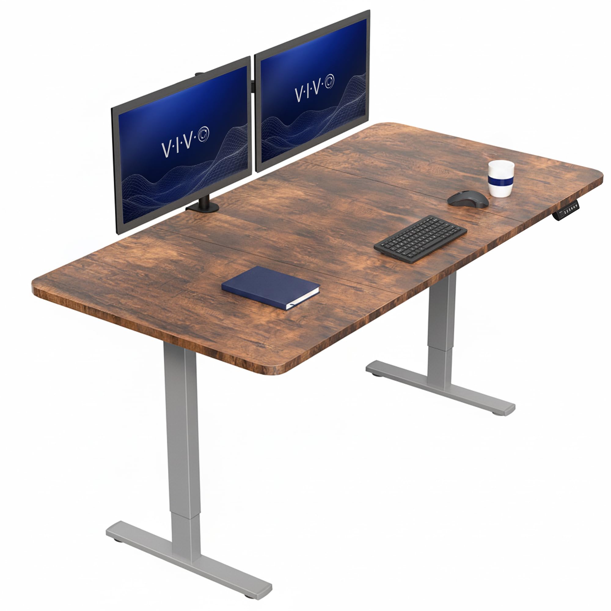 VIVO Rustic Vintage Brown 71 x 36 in Standing Desk, DESK-KIT-1G7N-36 | Electric, Holds 220 lbs, Sit Stand, Height Adjustable, Extra Deep Table Top, Memory Presets, 1B Series, Gray Frame