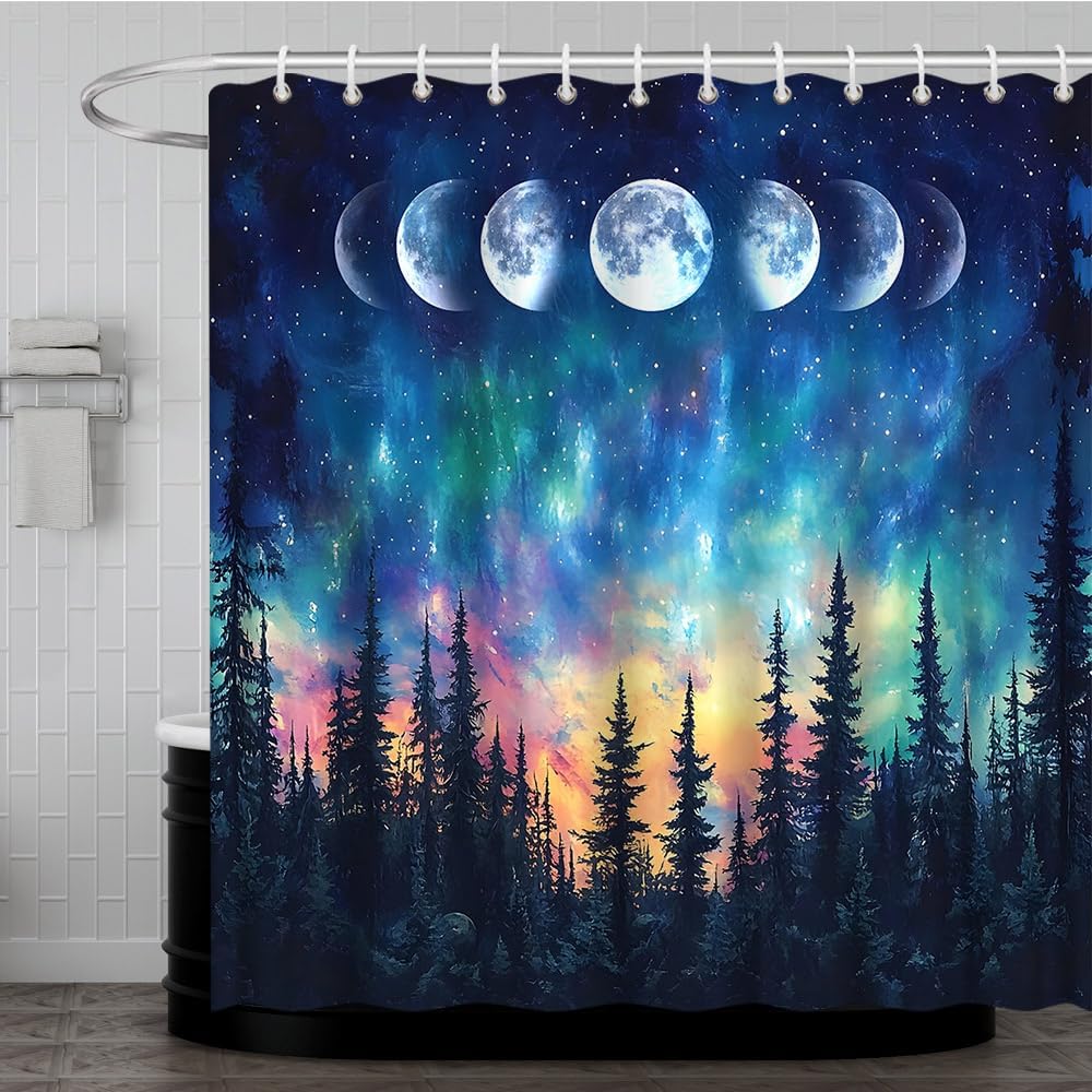 Moon Phase Forest Shower Curtain Magic Aurora Starry Pine Tree Romantic Aurora Outdoor Natural Night Wonderland Bath Decor Polyester Fabric Curtains 106X70 Inch