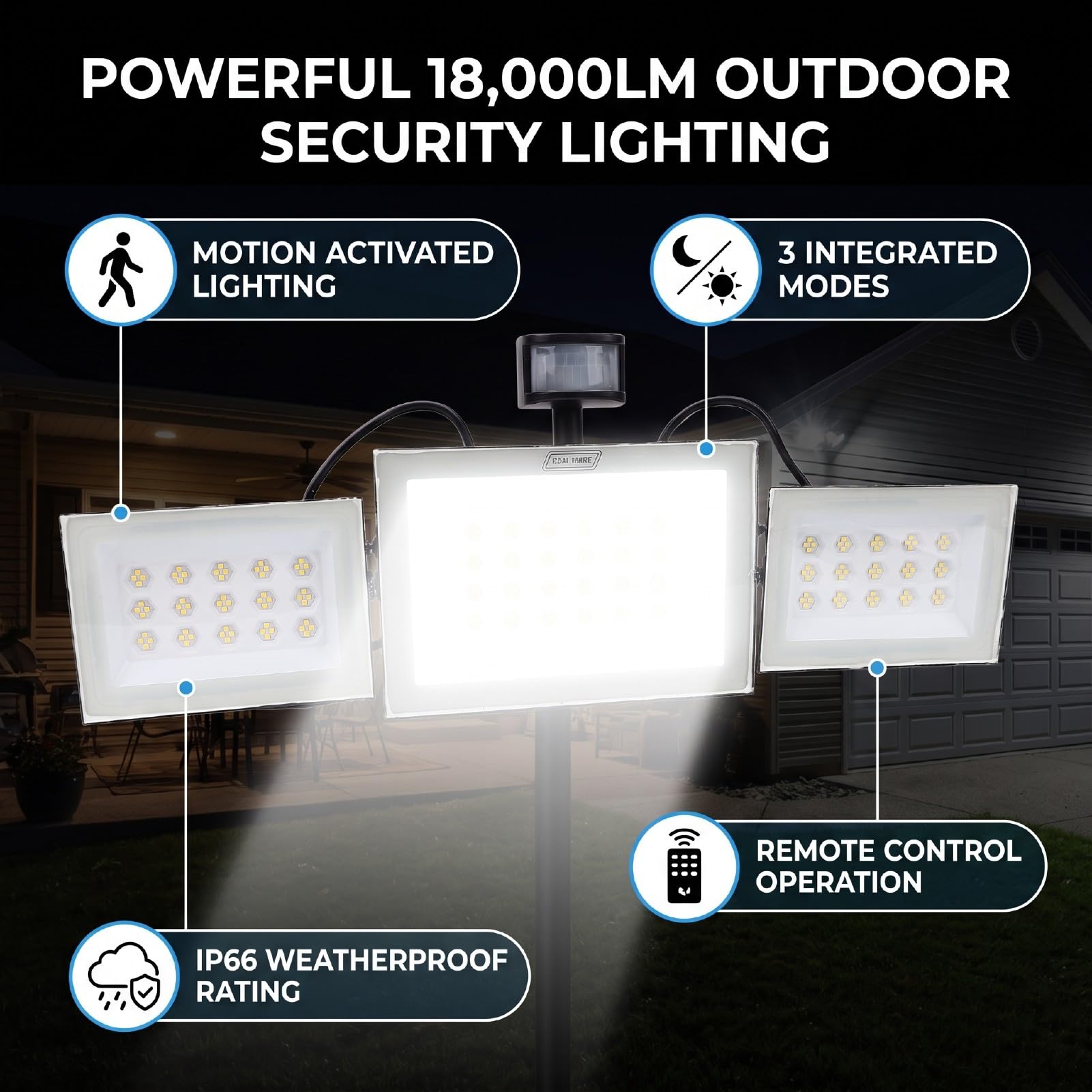 Fafeicy Lampy Zewnętrzne z Czujnikiem Ruchu i Pilotem o Mocy 200 W | 3 Tryby 18000 Lm LED Flood Light Fotokomórka od Zmierzchu do świtu IP66 Wodoodporna do Patio w Garażu