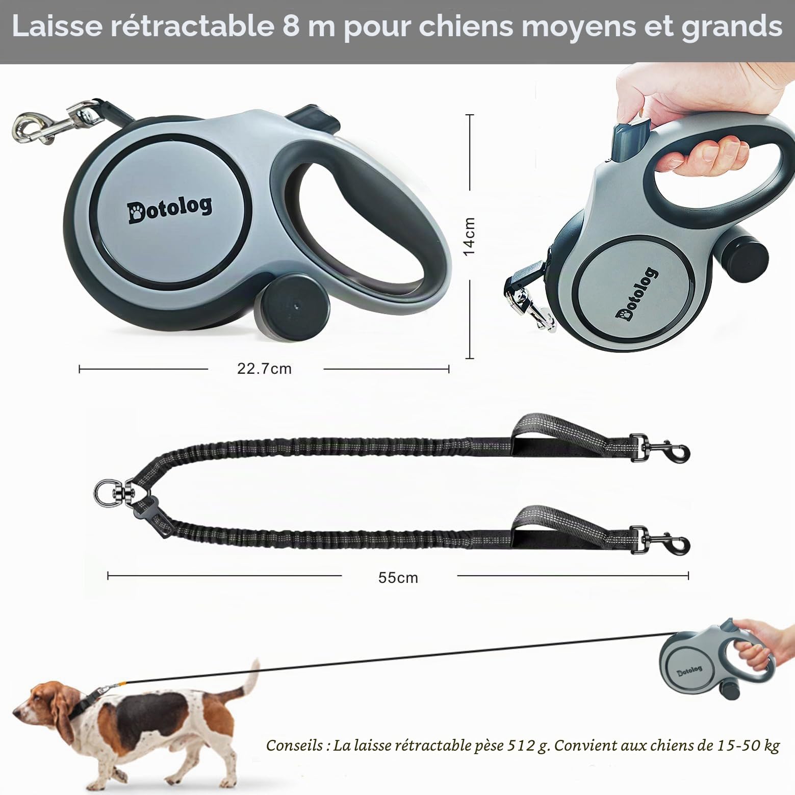 Laisse Rétractable pour Chien 8 m, Extensible, Taille Moyenne et Grande (Jusqu'à 50kg), Corde élastique Double, Gris