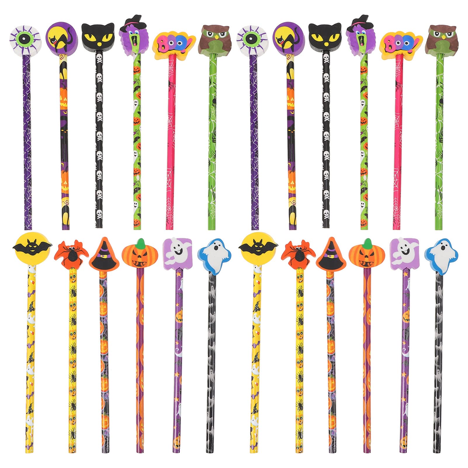 DOITOOL 24Pcs Halloween Pencils Pumpkin Bat Spider Ghost Patterns Wood Wooden Drawing Pencils Colored Pencils with Rubber Eraser for Home School Halloween Easter Party Favor Random Color