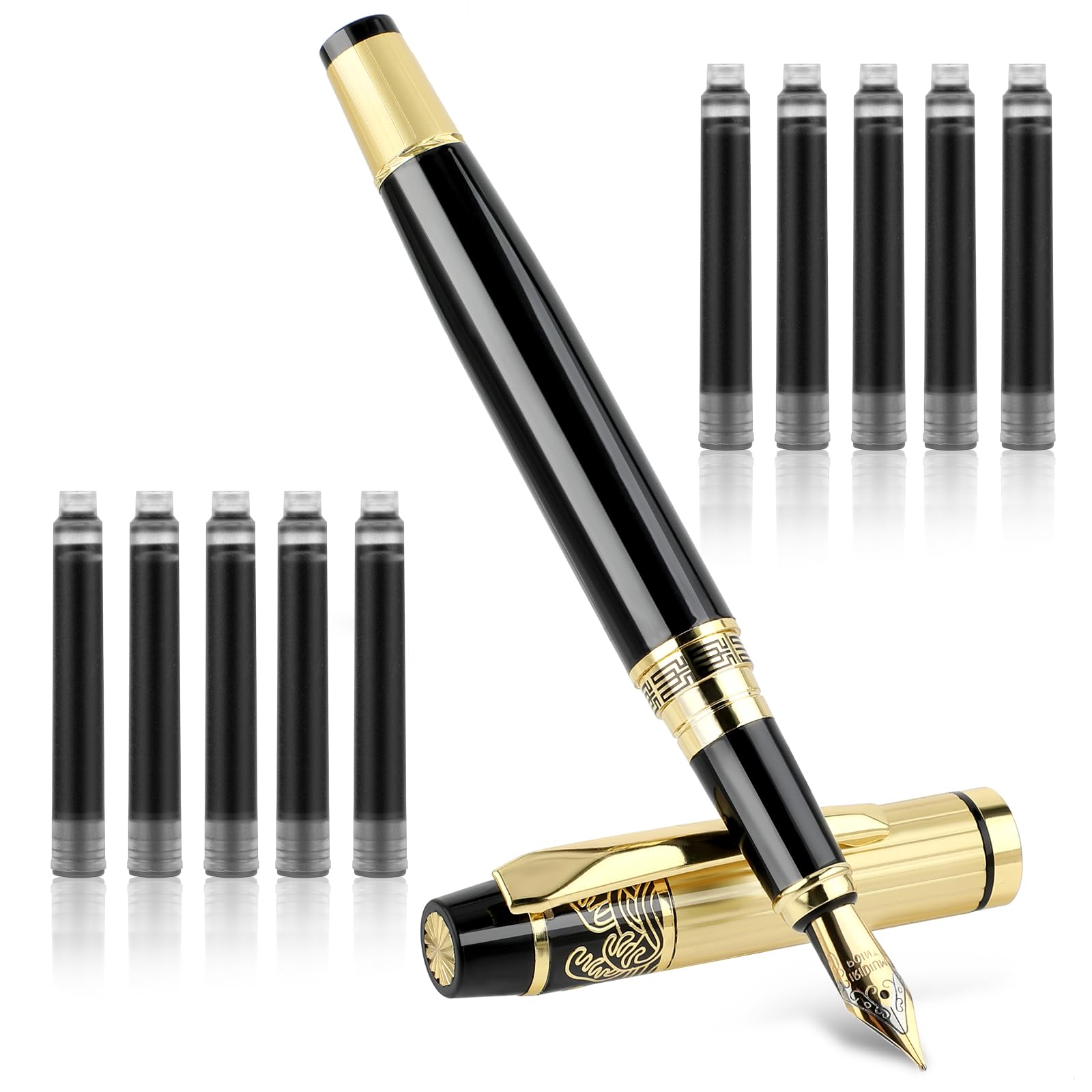 JIEYAO Juego de plumas estilográficas de metal, pluma estilográfica de punta fina de 0,5 mm, con 10 cartuchos de tinta de 2,6 mm y convertidor de recarga de tinta, bolígrafos de caligrafía de