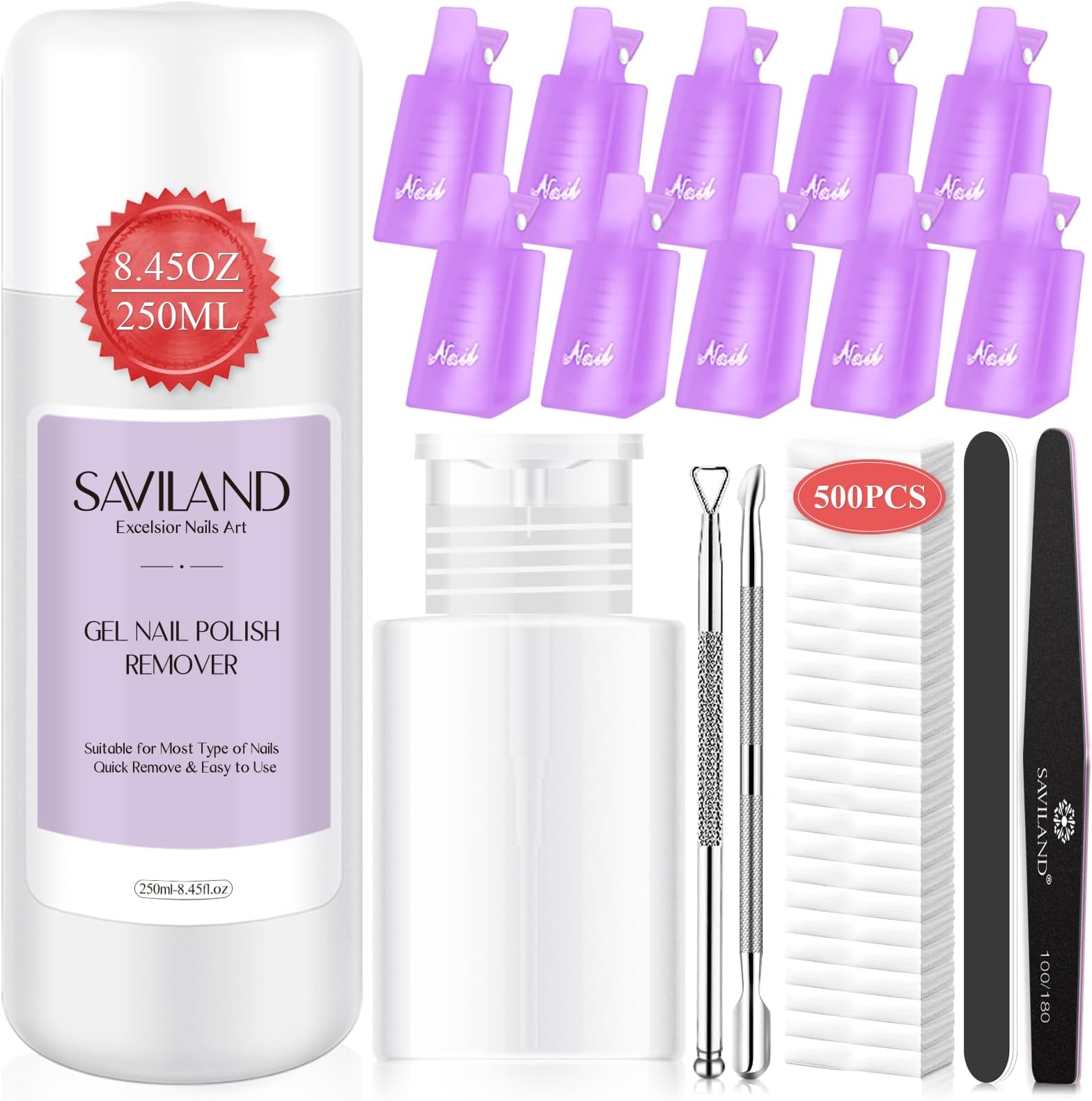 SavilandGel Nail Polish Remover Kit - 250ML Non-Acetone Shellac Remover with Nail Clips, Nail Tools,Cuticle Pusher, 500PCS Cotton Pad Nail Removal Manicure Kit for Salon Home DIY