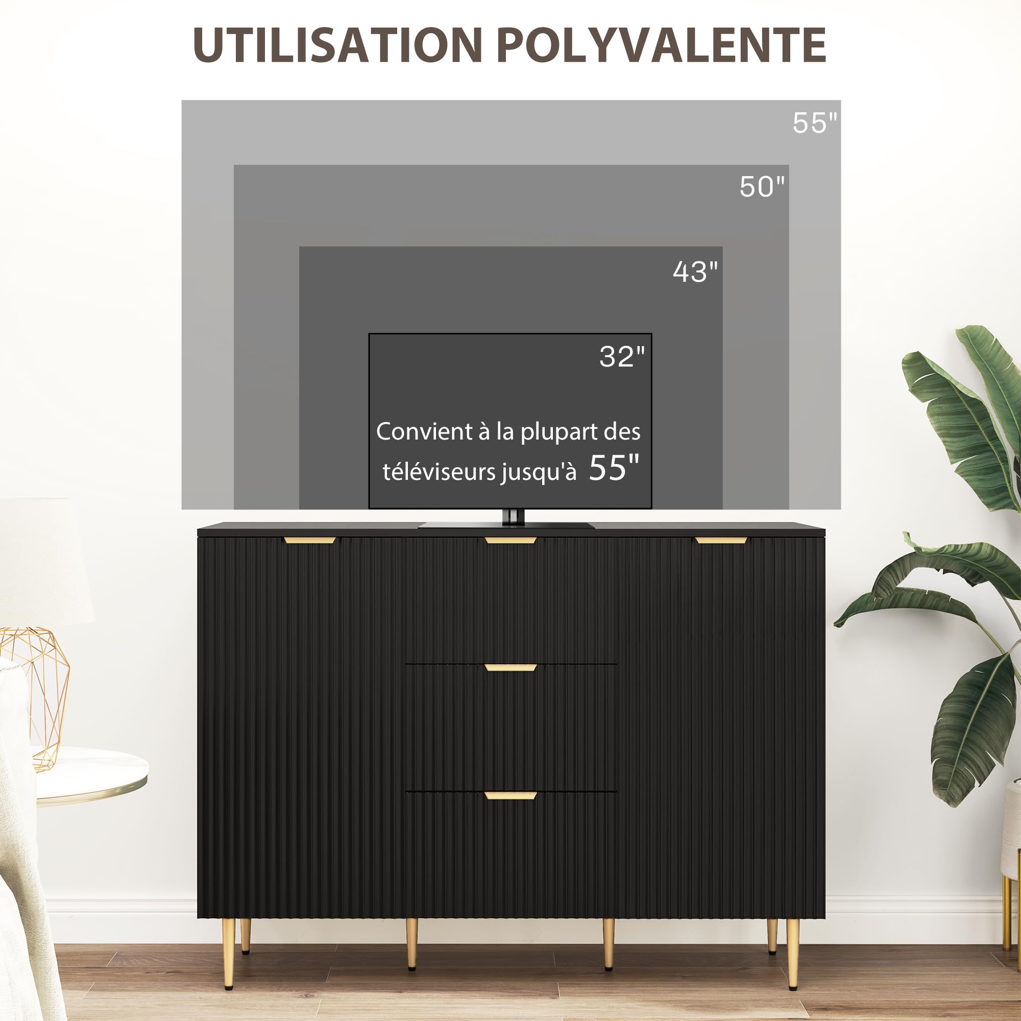 HOMCOM Buffet avec 3 Tiroirs Étagères Réglables 120 x 40 x 90 cm Noir