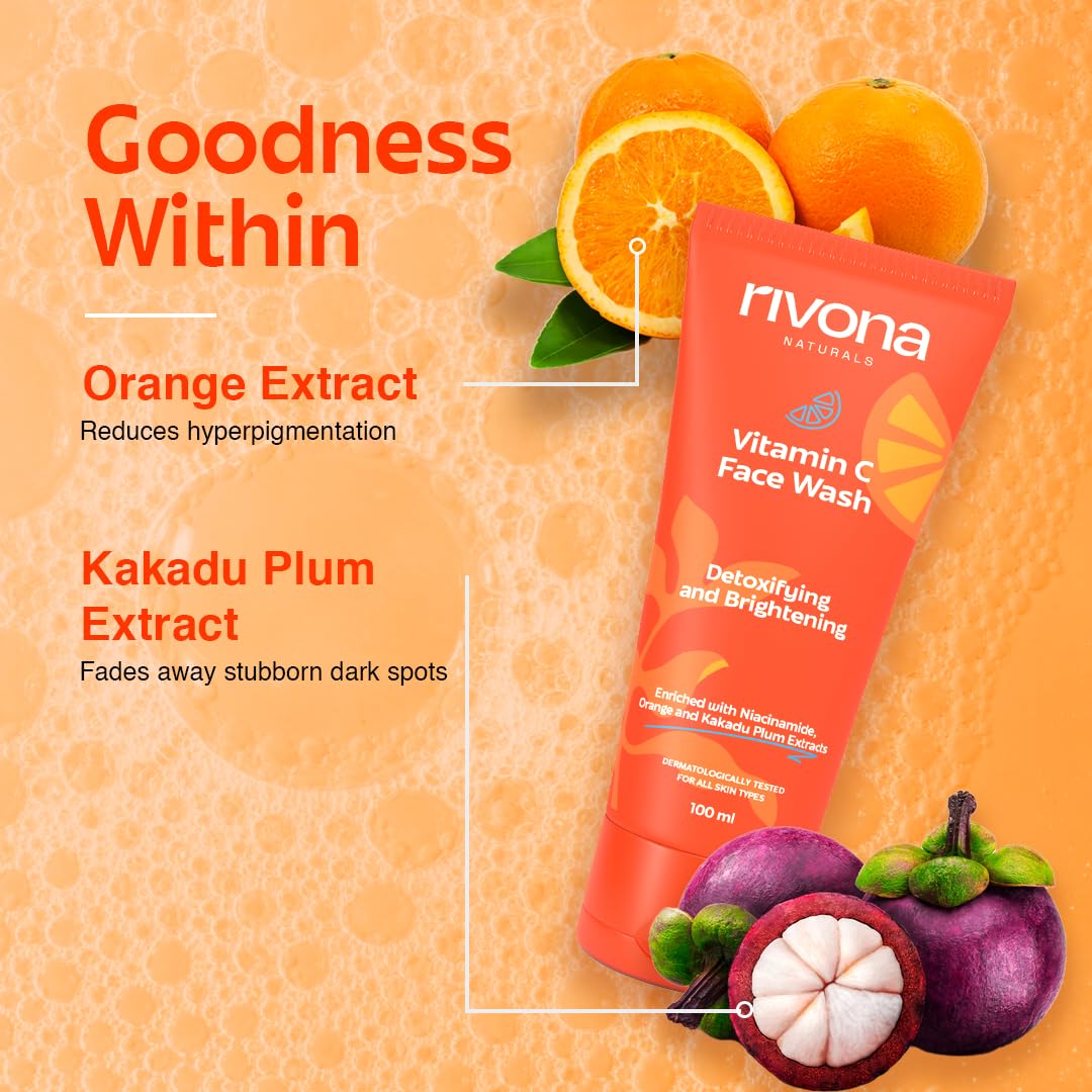 RIVONA NATURALS Vitamin C Face Wash With Niacinamide & Orange, Kakadu plum| For Women & Men 100ml- Oil-Free Face Wash for Acne-Prone, Dry & Oily Skin