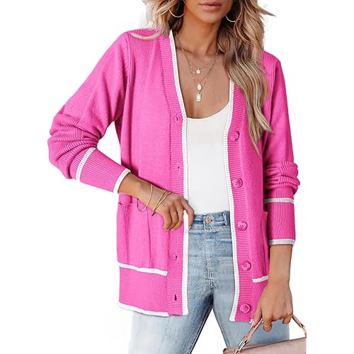 Dokotoo Short Cardigans for Women Color Blocked 2024 Fall Fashion Button Down Sweaters Winter Coats with Pockets
