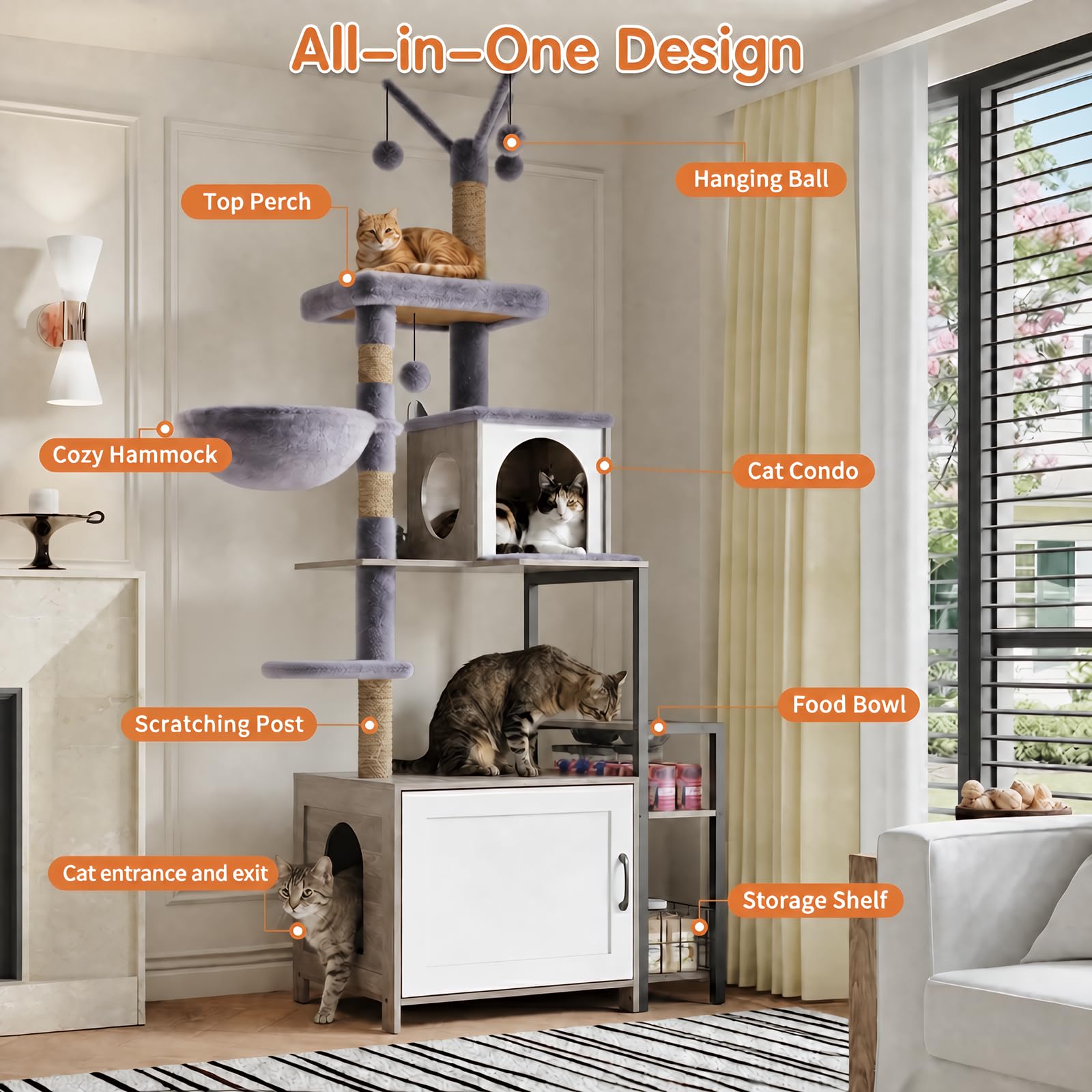 HavenlyYouth Árbol para gatos con cuencos de comida y caja de arena, torre para gatos de varios niveles con postes de sisal para jugar, hamaca de felpa en gris para mayor comodidad