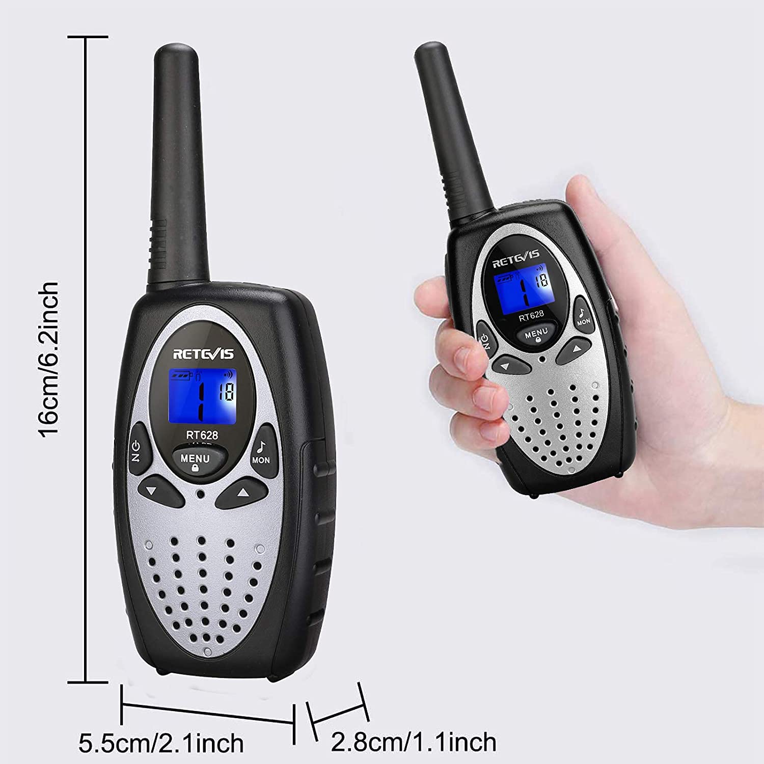 Retevis RT628 Walkie-talkie per Bambini, VOX a Lungo Raggio per Regali Giocattolo per Campeggio, Avventure all'Aperta, Giochi per Famiglie (1 Paio, Argento)