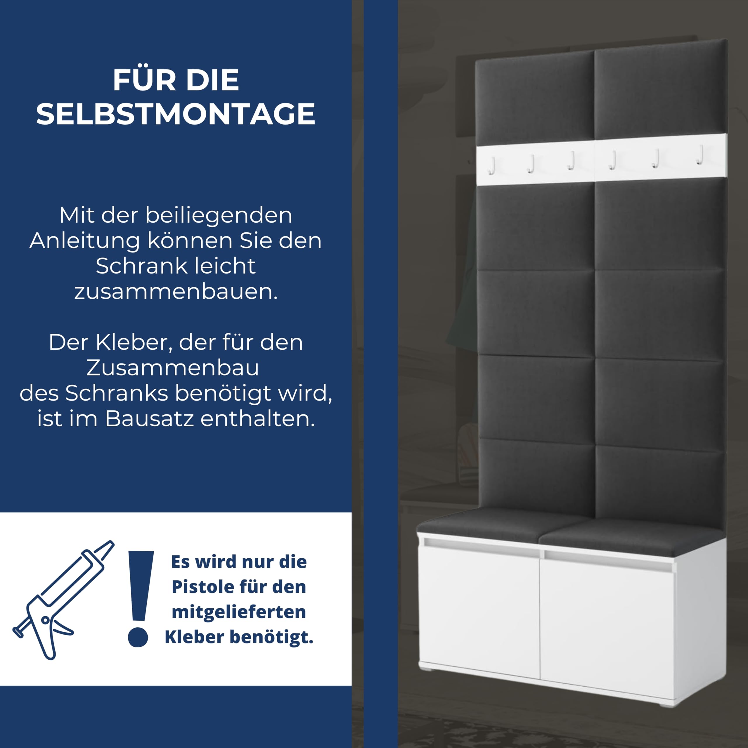 Brent - Garderobenschrank Flur Grau mit sitzbank 100 cm Breit Luton 1 - Multifunktionale Flurgarderobe Set mit Stauraum und Wandpaneel, Garderobe mit Sitzfläche und Kleiderhaken