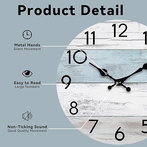 Miniatura 3 de Reloj de pared silencioso sin tictac de madera, funciona con pilas, 10 pulgadas, pequeño, rústico, estilo retro, rústico y de playa, decorativo para