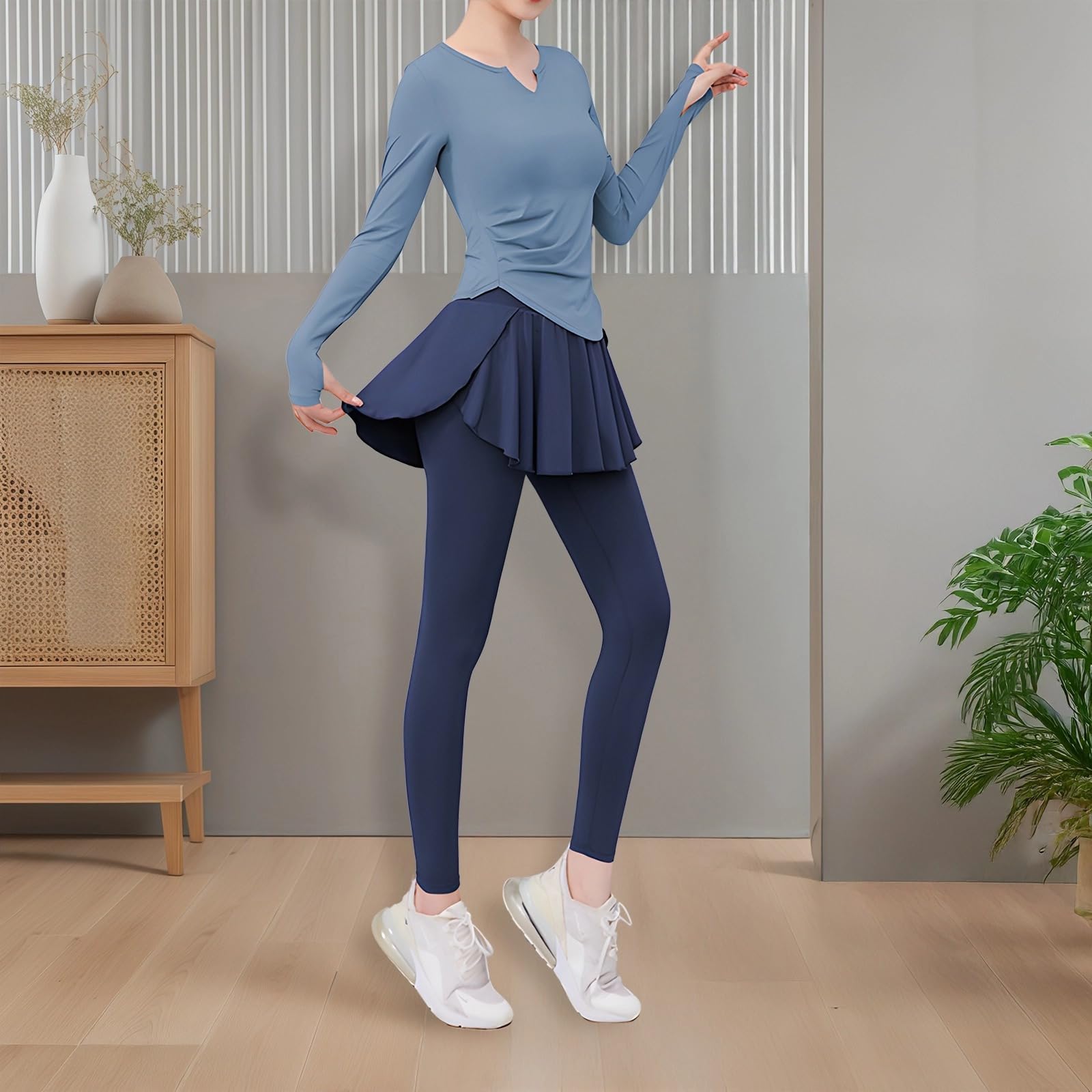 Completo da pilates nero da donna, taglia XXL, con top a maniche lunghe, gonna e leggings, traspirante e traspirante, per 61-68 kg