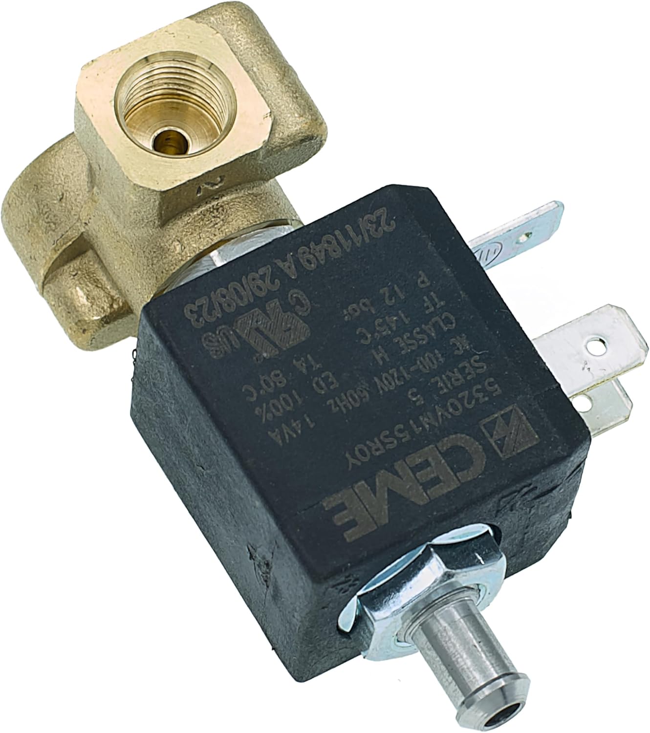 MacMaxe 120V Three-Way Solenoid Valve – Model 5320, 1/8" F x 1/8" F, 7mm Outlet, 12 Bar Max, FKM Seal, 14VA Coil (100/120V 60Hz), Espresso Machine Replacement Part