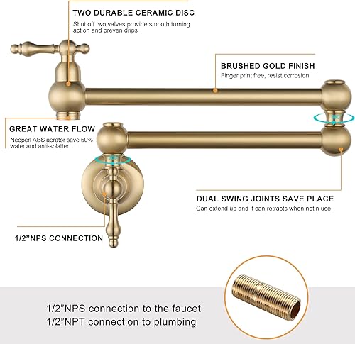 Miniatura 4 de WOWOW Grifo de llenado de ollas doradas, grifo plegable de cobre de montaje en pared, 2 manijas con brazos oscilantes de doble junta, grifo de