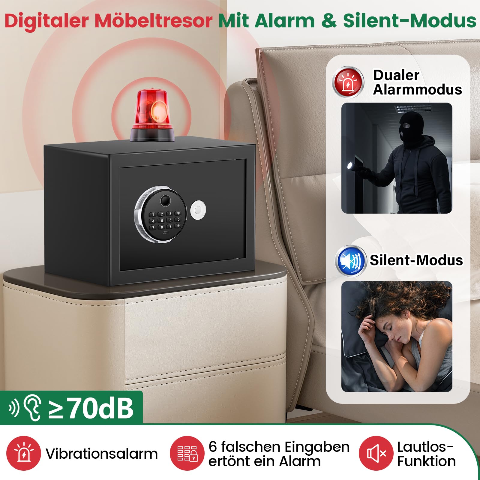 Tiskgg Fingerabdruck Tresor für Zuhause mit Feuerfester Tasche, 25L Safe Tresor Fingerabdruck mit Abnehmbares Regal und Dualer Alarmmodus, Digitaler Möbeltresor für Geld Medikamente Dokumente