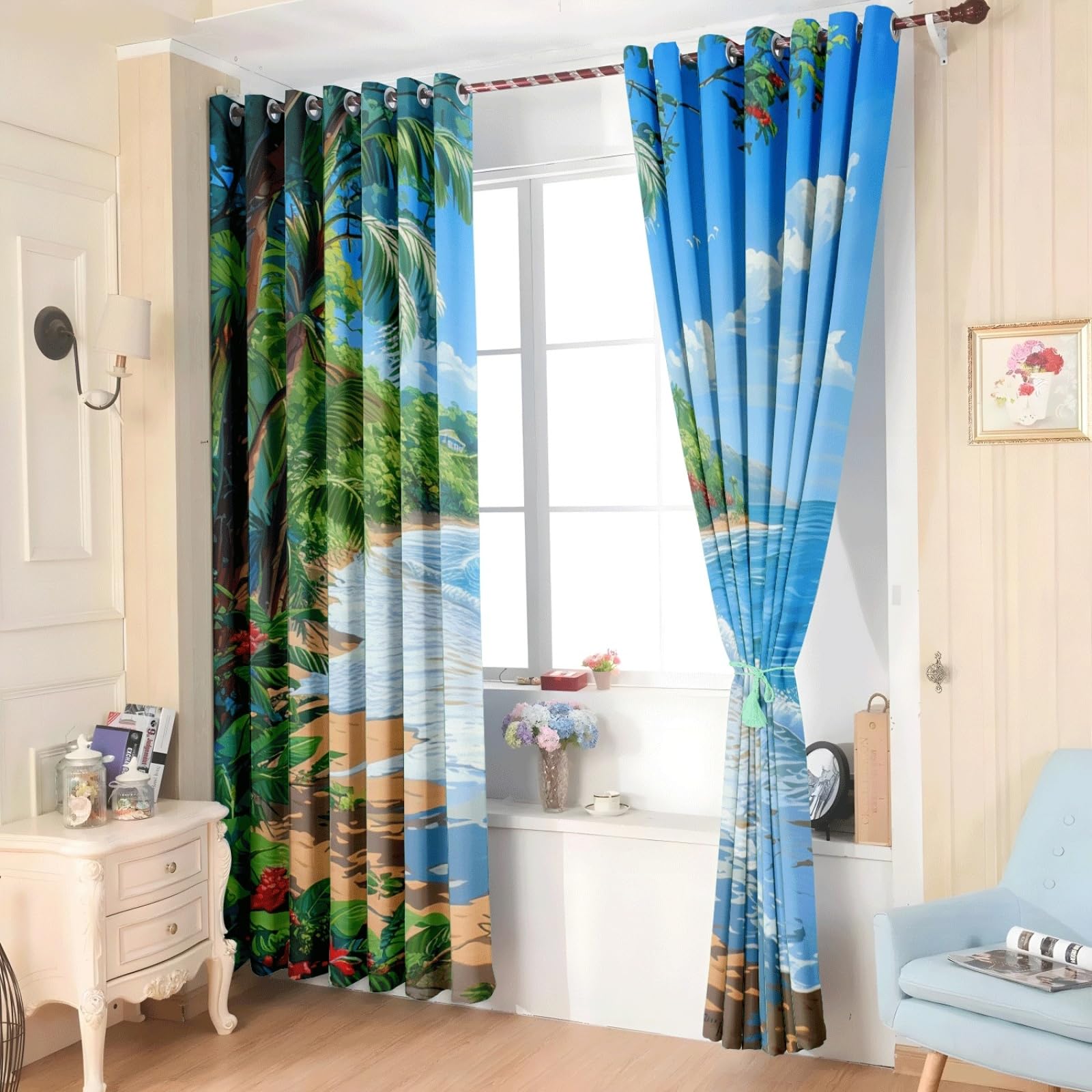 Curtain Braun Rot Tropisch Gardinen Polyester Vorhang mit Ösen Blackout Curtain Waschbar Vorhänge mit Ösen Living Room Thermovorhang Schlafzimmer Verdunklungsvorhänge Blickdicht 2x140x160cm