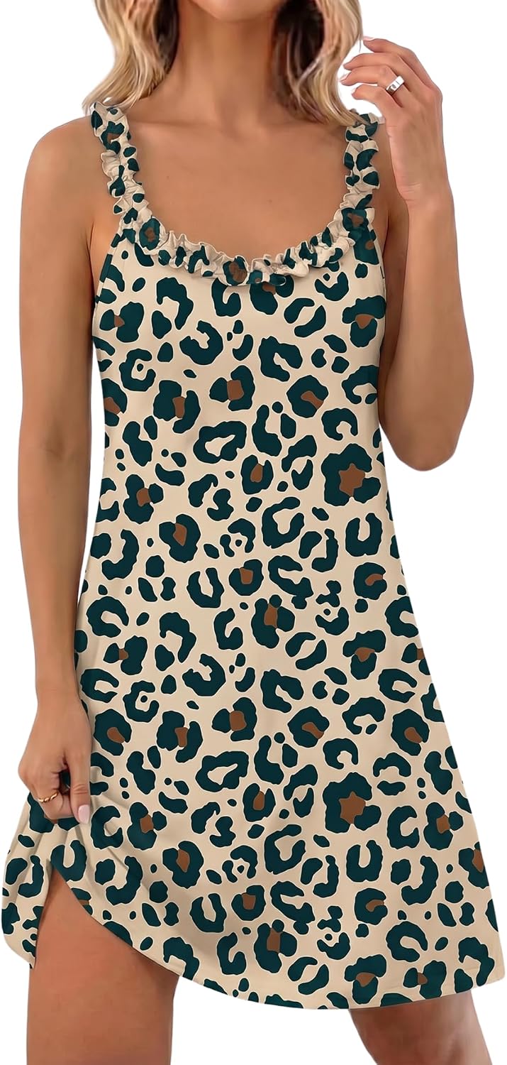 Ekouaer Nightgowns for Women Sleep Dress Cami Sleeveless Chemise Nightgown Full Slip Dress Babydoll Sleepwear Leopard XXL