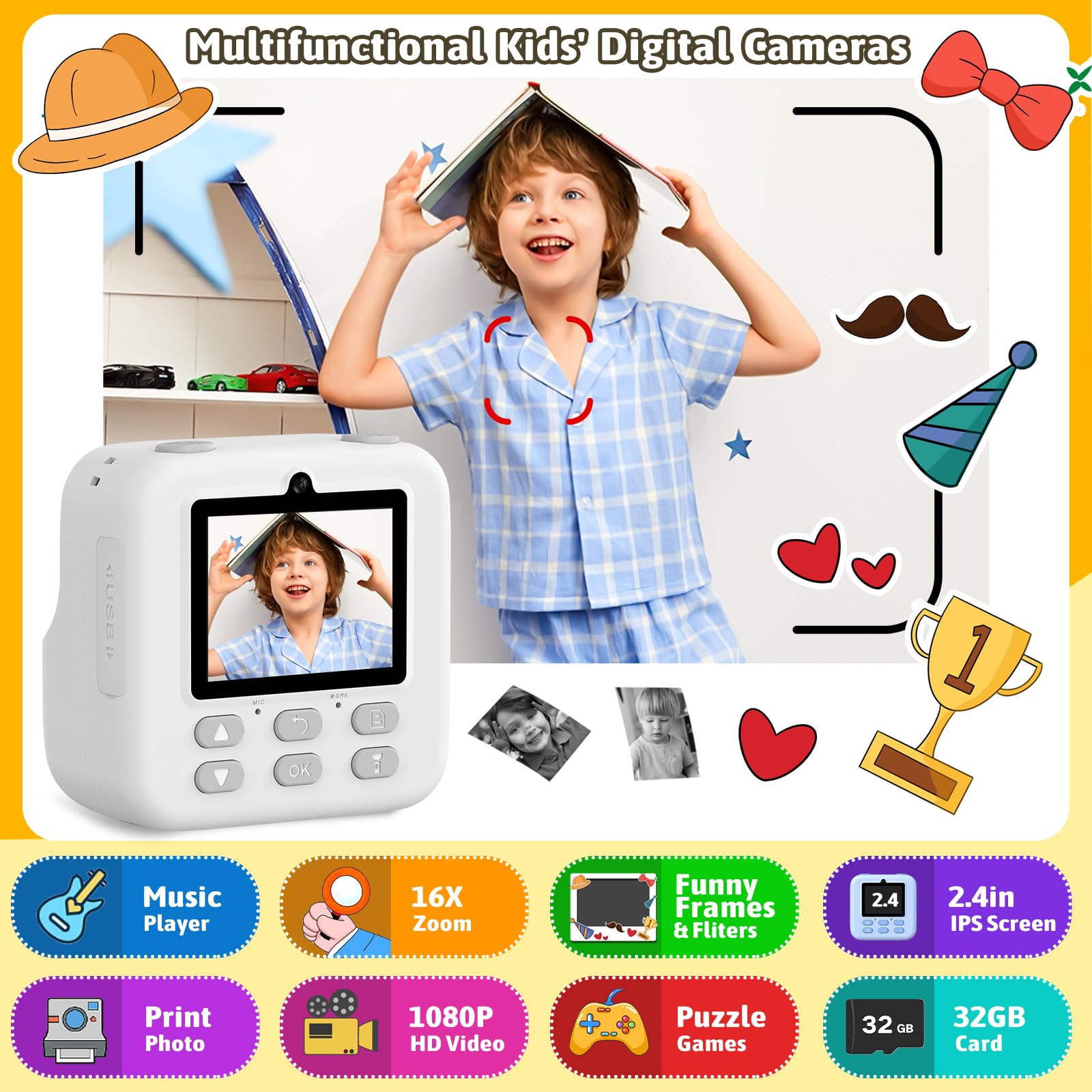 Camara Fotos Infantil Instantanea, 2.4'' HD 1080P Cámara de Fotos Instantánea para Niños con Tarjeta de 32 GB y 3 Rollos de Papel de Impresión, Regalo para Niños y Niñas de 3 a 14 Años, Blanco