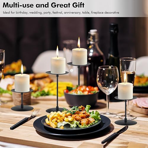 Miniatura 6 de Juego de 6 portavelas, soporte de vela de pilar de metal para mesa, boda, fiesta, evento, cumpleaños, aniversario (negro)