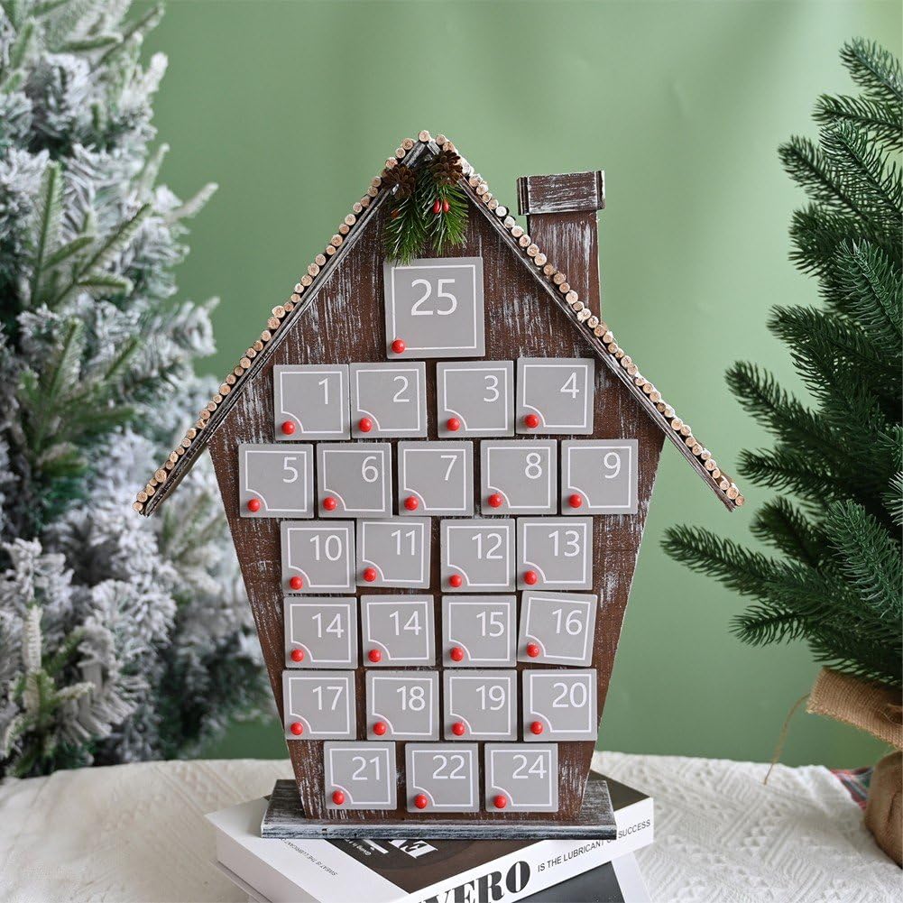 Calendario De Adviento De Madera Navideño con 25 Cajones, Casa De Madera, Calendario De Cuenta Atrás para Navidad, Adorno Festivo para Hogar