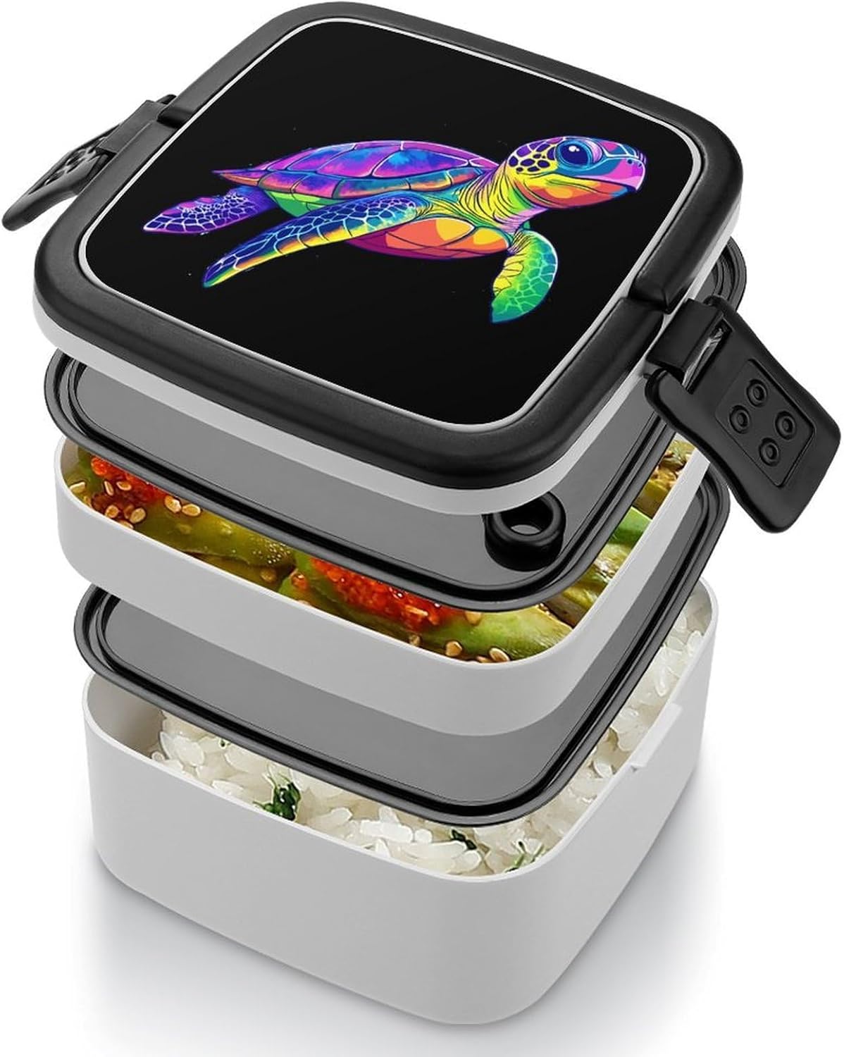 Rainbow Turtle Bento Box with Spoon 2 Layer Food Container Cute Lunch Box for Travel Dining Work