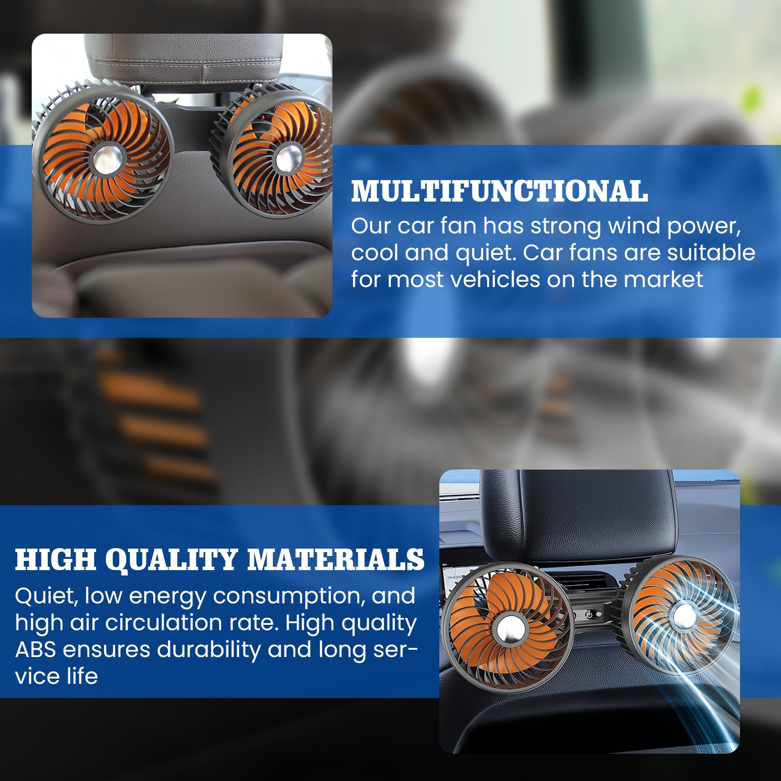 Ventilatore per auto, 12V/24V ventilatore per auto presa accendisigari, 3 velocità, doppia ventola girevole a 360 gradi, regolabile, ventola di raffreddamento, ventola a doppia testa per poggiatesta