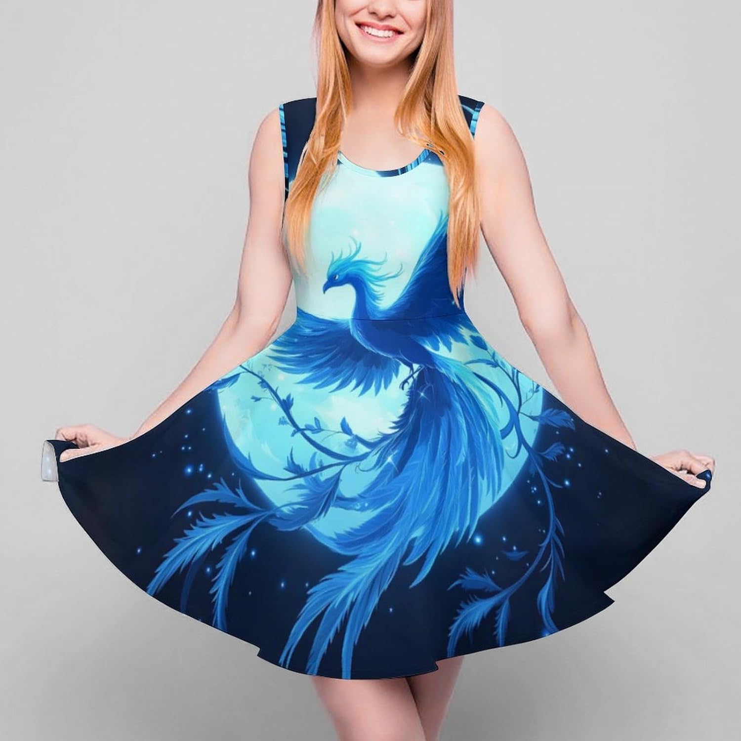 Iced Phoenixess Full Moon Women's Dresses Round Neck Dress Sleeveless Tank Dress Ruffle Hem Sundress