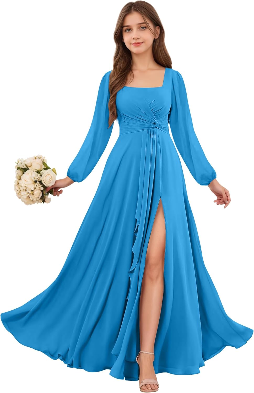 Long sleeve chiffon bridesmaid dress for junior girls at wedding