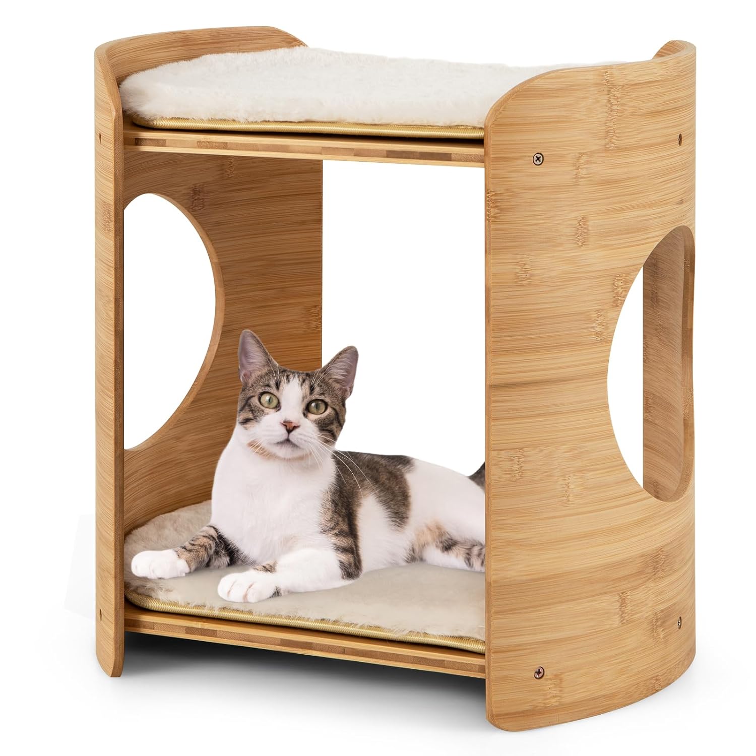 Tangkula Elevated Cat Bed for Indoor Cats, 2-Tier Cute Small Cat Tree Tower with Natural Bamboo Frame, Removable & Washable Soft Plush Mats, Cat Holes, Farmhouse Pet Furniture