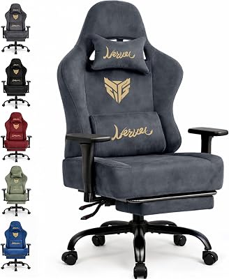Gaming Stuhl Chair Gamer Sessel – wildlederartiger Stoff, 3D-Armlehnen, neigbare Rückenlehne, höhenverstellbarer Sitz, ausziehbare Fußstütze, Lenden- & Kopfstütze, 220 kg Belastbarkeit, Grau
