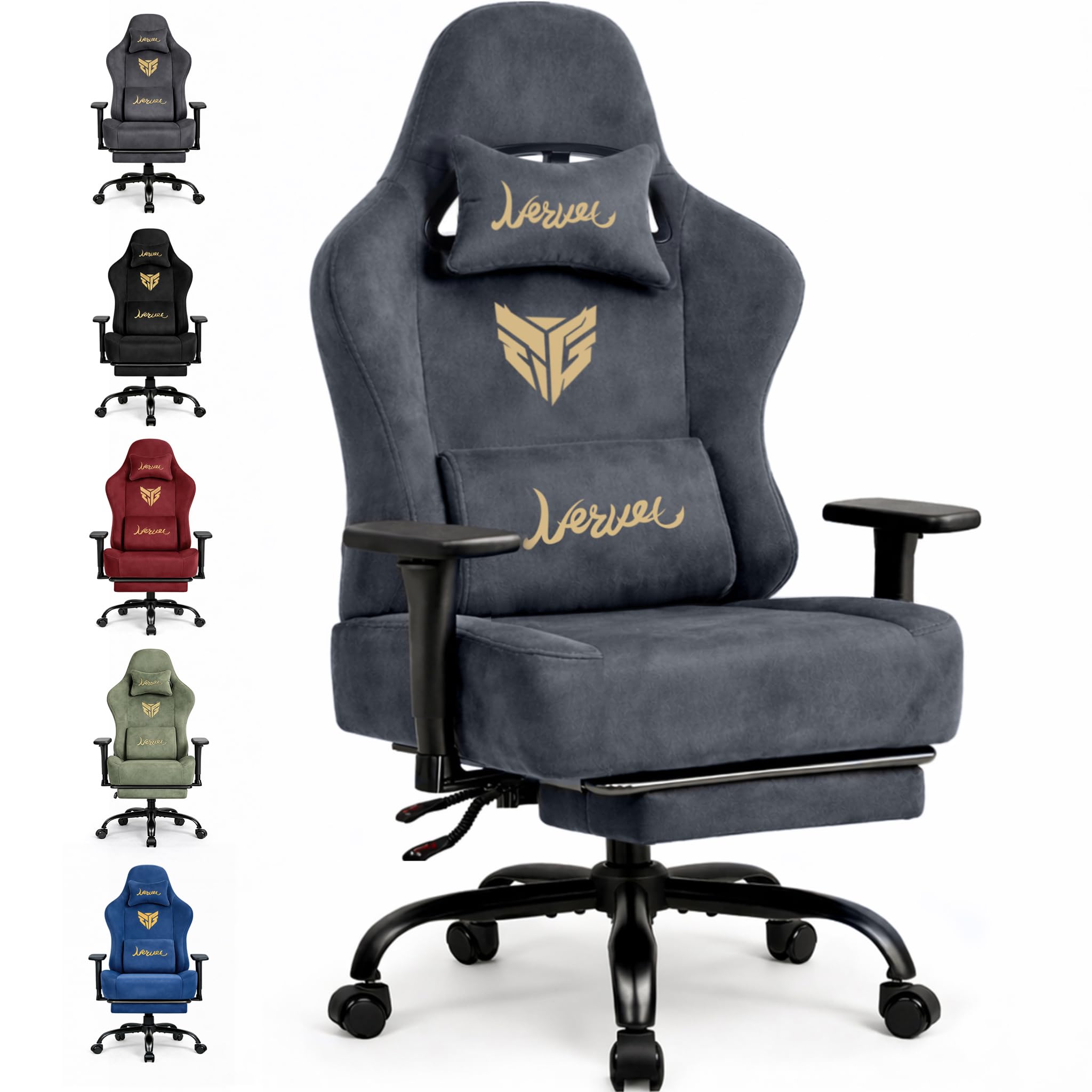 Gaming Stuhl Gamer Sessel wildlederartiger Stoff 3D-Armlehnen neigbare Rückenlehne höhenverstellbarer Sitz ausziehbare Fußstütze Lenden- & Kopfstütze 220 kg Belastbarkeit Grau