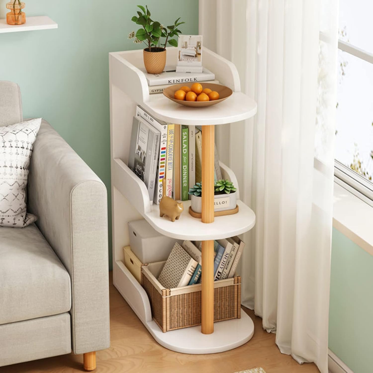 QQXX FreeStanding Wooden Wall Corner Bookshelf, 2/3/4Tier