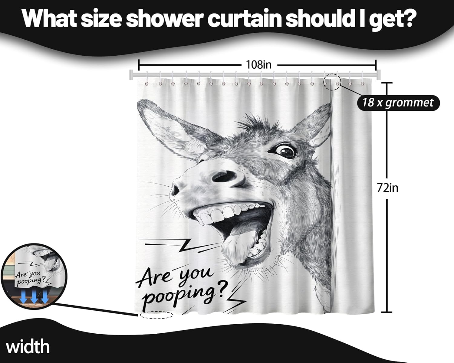 Funny Donkey Shower Curtain are You Pooping Black and White Shower Curtains for Bathroom Decor Sets, Waterproof Cloth Fabric with Hooks, 108x72 Inch